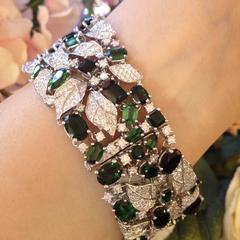 Wide Green Tourmaline Diamond Gold Bracelet