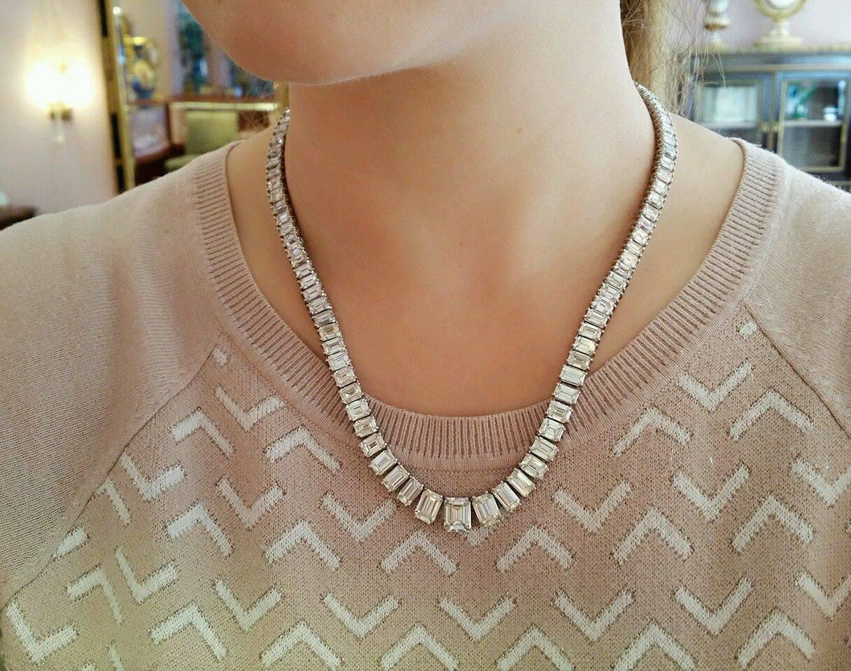 Women's 66.69 Carats Emerald Cut Diamonds Platinum Riviere Necklace 