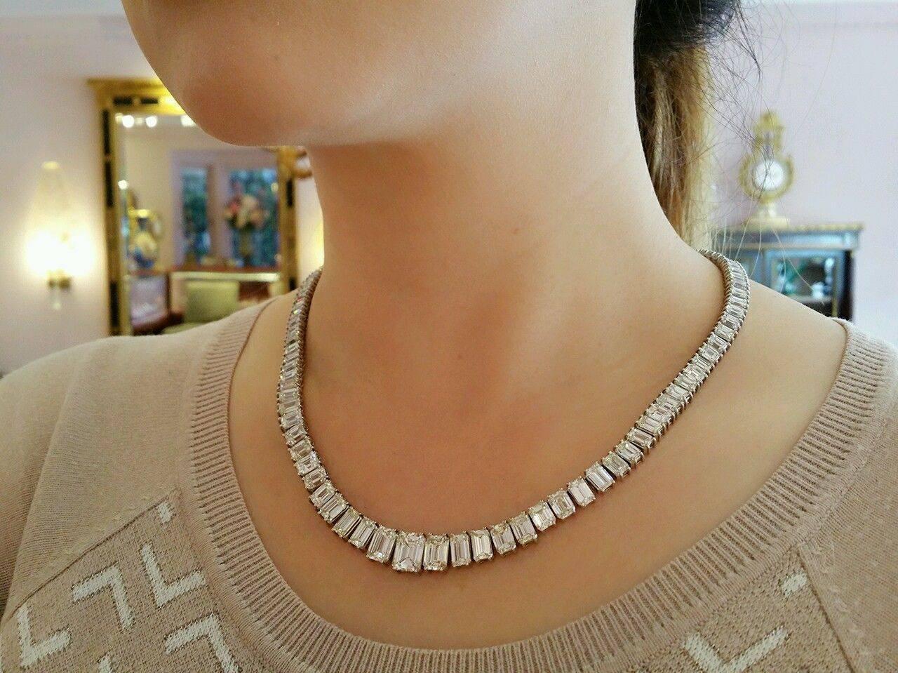 66.69 Carats Emerald Cut Diamonds Platinum Riviere Necklace  1