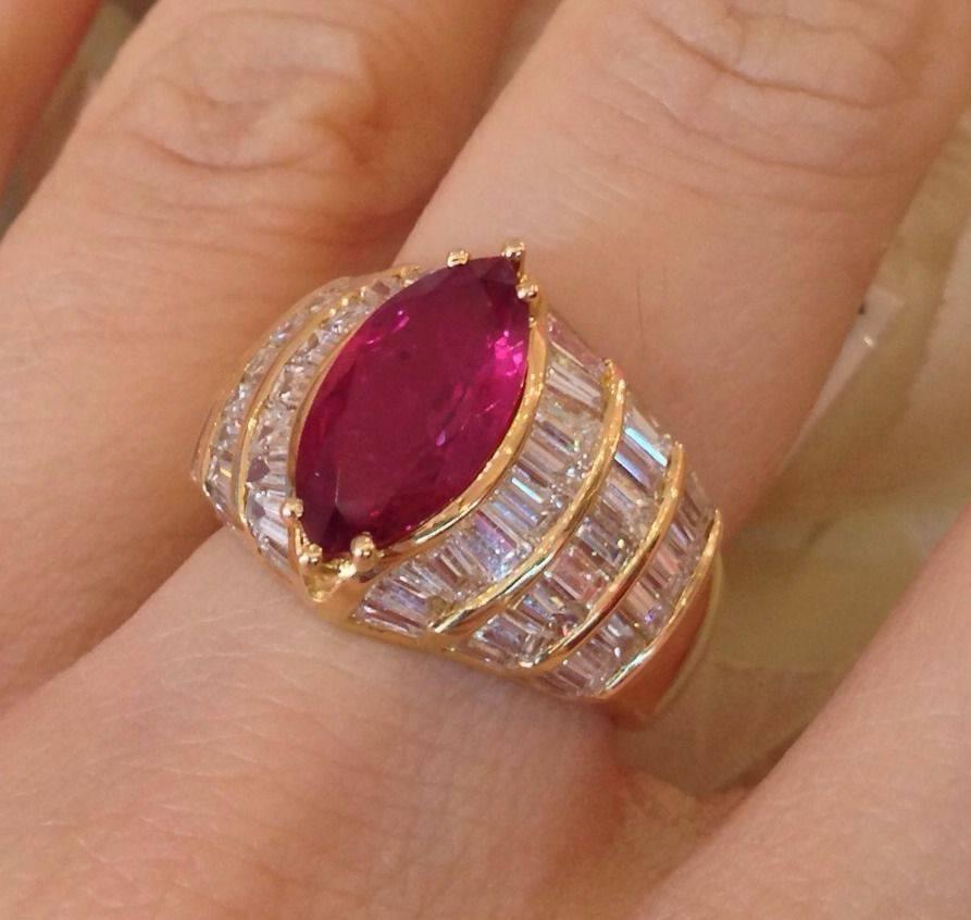 3.72 Carat GIA Cert Marquise Shaped Ruby Diamond Gold Ring  For Sale 2