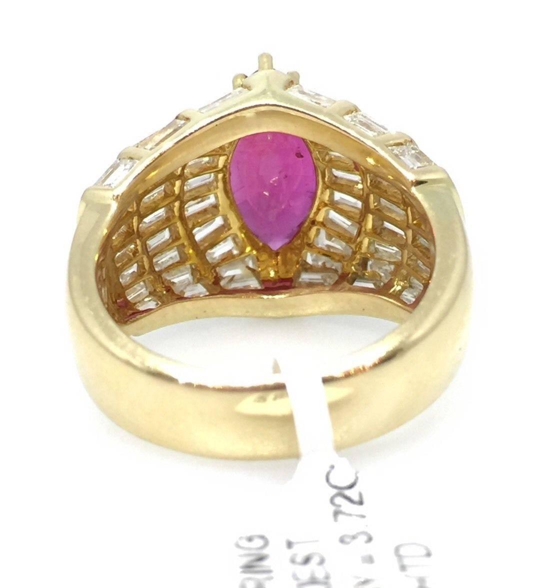 3.72 Carat GIA Cert Marquise Shaped Ruby Diamond Gold Ring  In Excellent Condition For Sale In La Jolla, CA