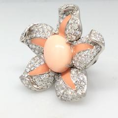 Large Angel Skin Coral Diamond Gold Flower Ring