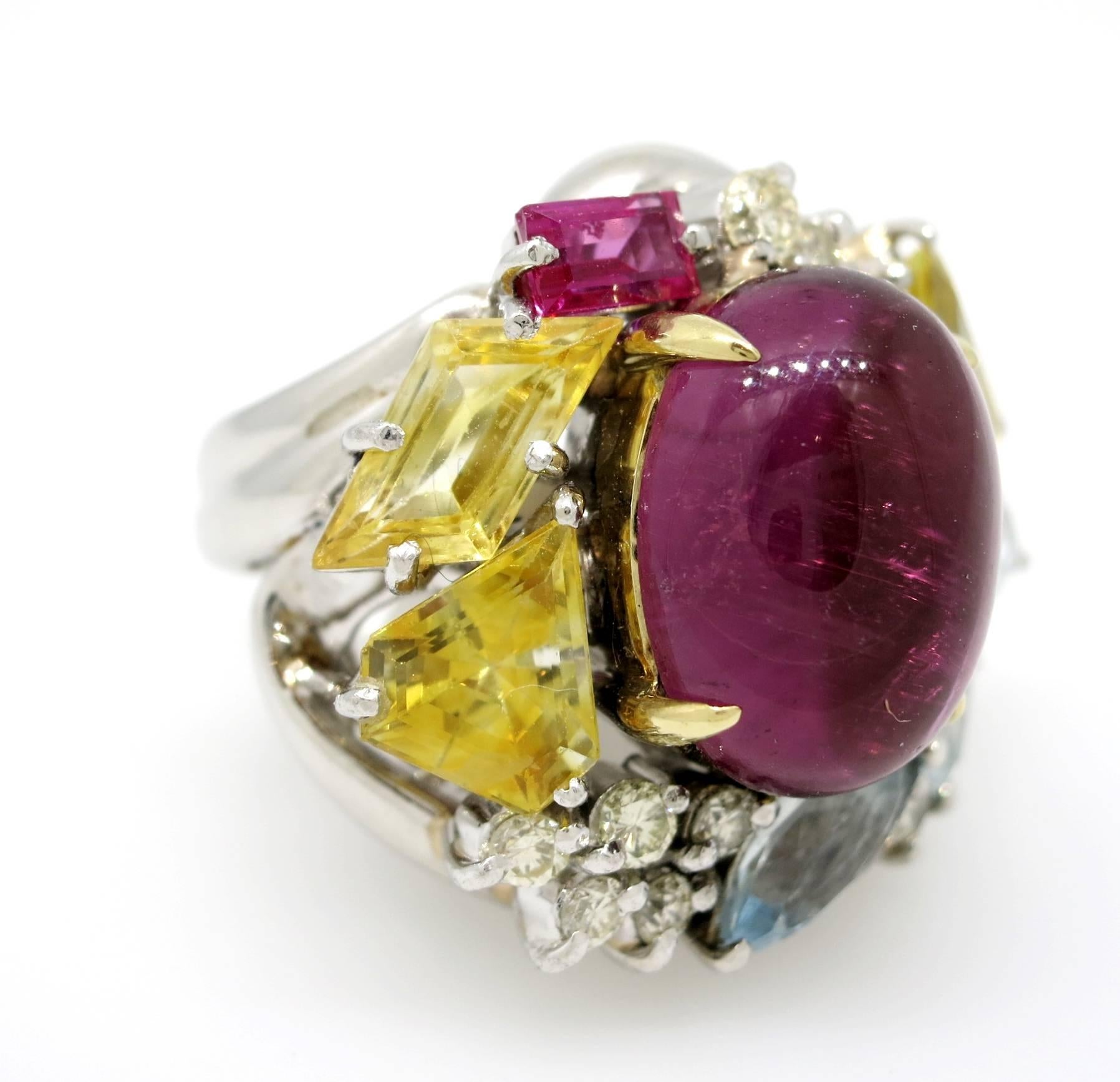 Women's Pink Tourmaline Multi Gem Gold Platinum Cluster Ring For Sale