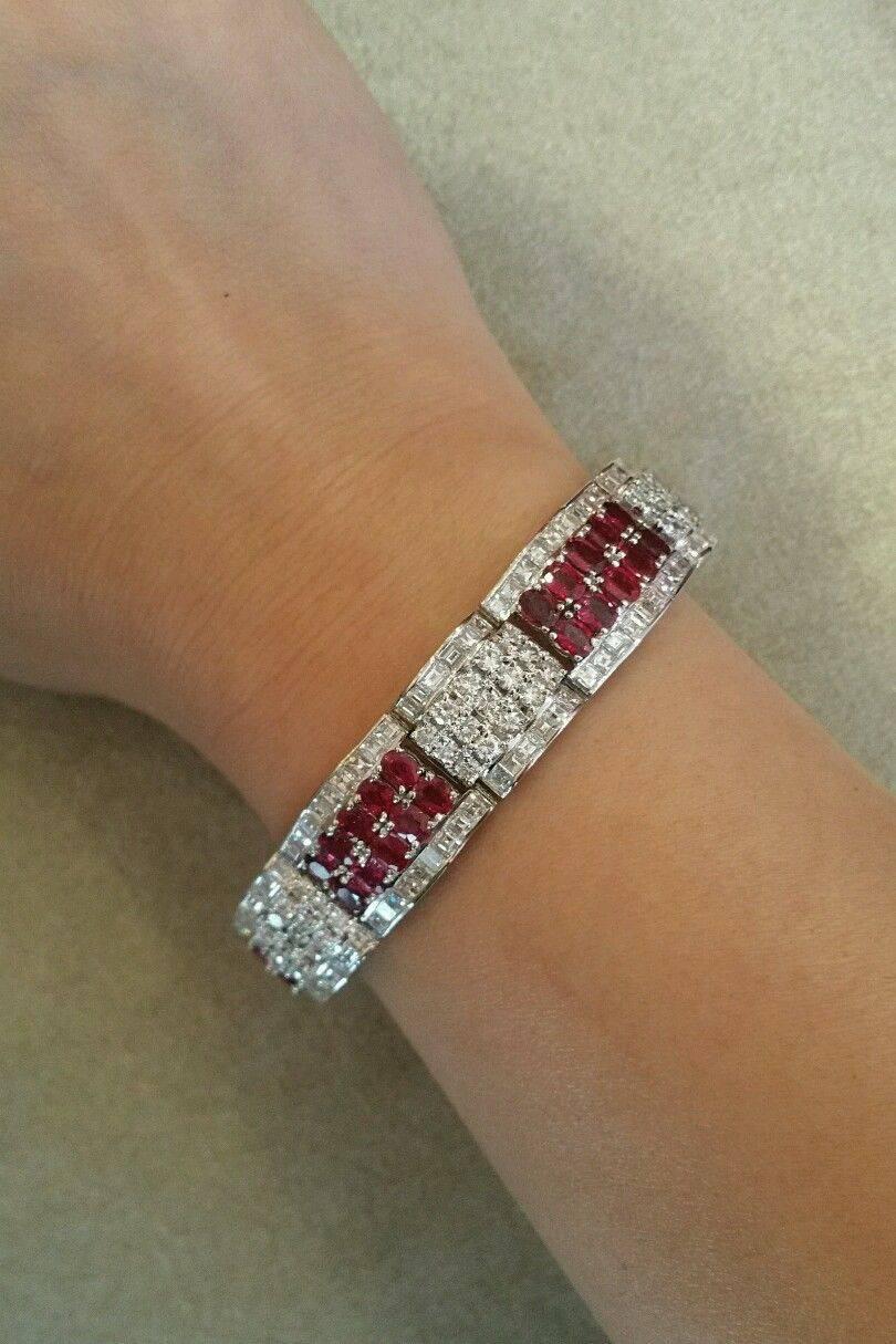Ruby Diamond Platinum Wide Statement Bracelet  For Sale 3