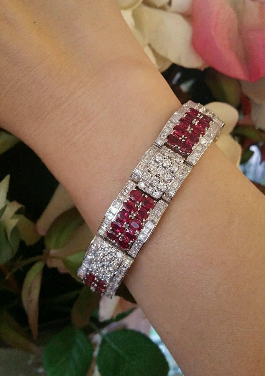 Ruby Diamond Platinum Wide Statement Bracelet  In Excellent Condition For Sale In La Jolla, CA