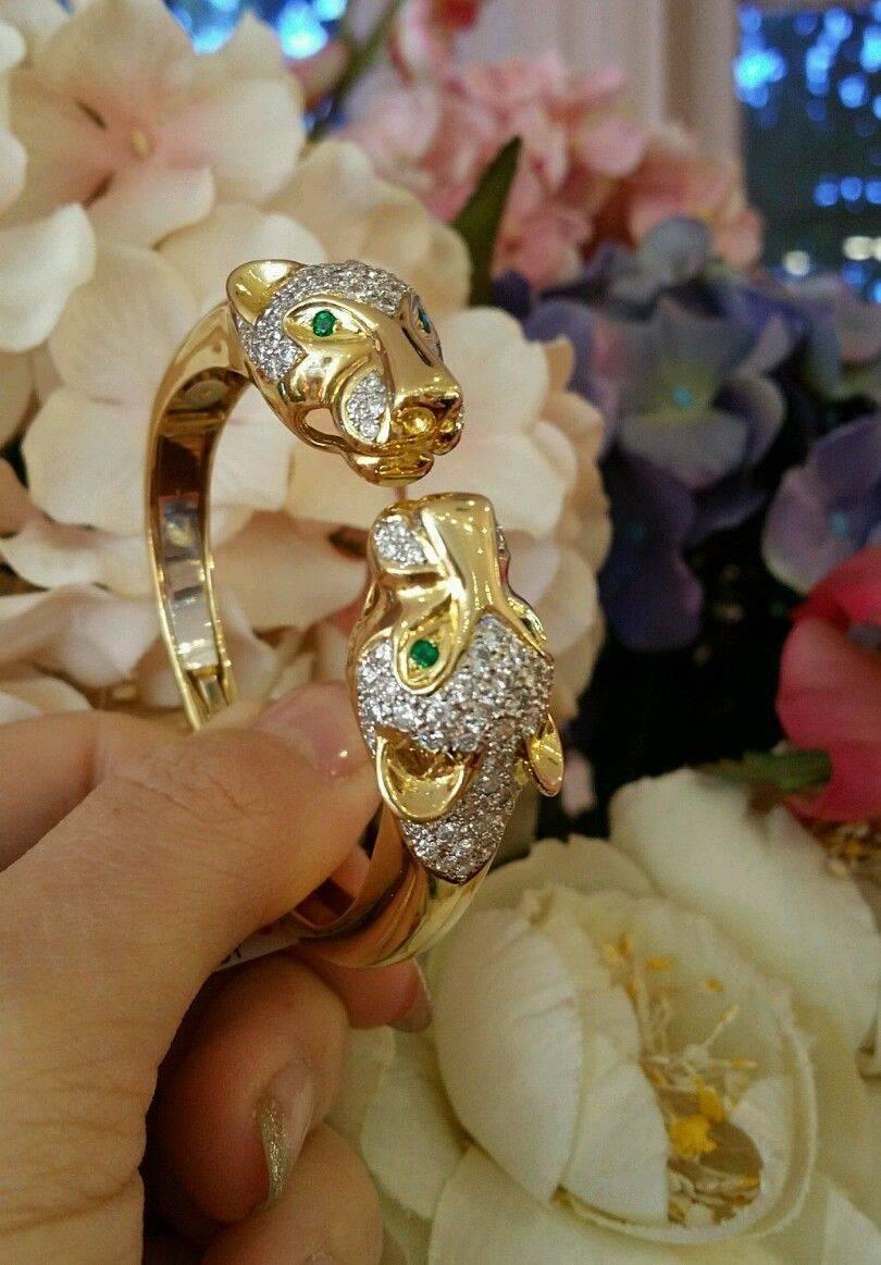 Women's or Men's Emerald & Diamond 18k Yellow Gold Panther Cuff Bangle Bracelet 