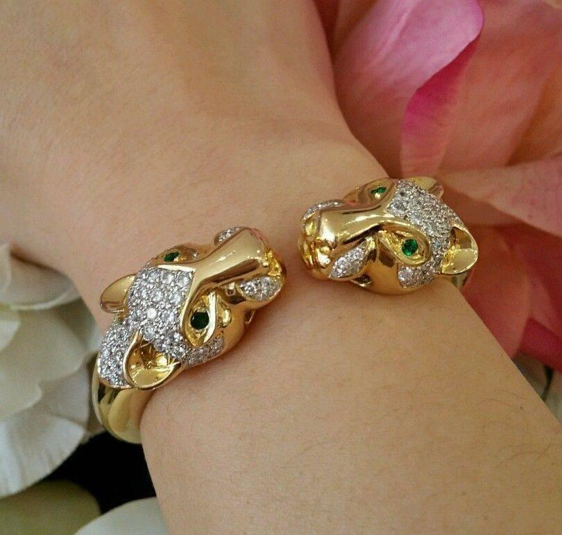 Emerald & Diamond 18k Yellow Gold Panther Cuff Bangle Bracelet  4