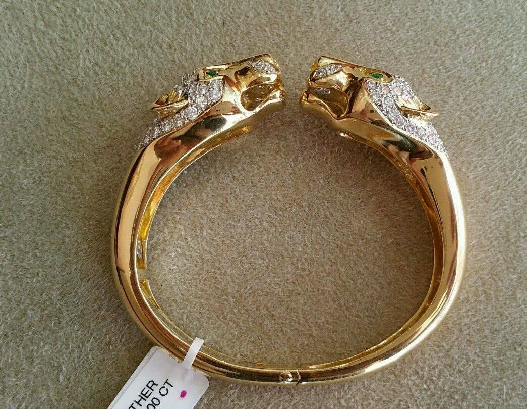 Emerald & Diamond 18k Yellow Gold Panther Cuff Bangle Bracelet  2