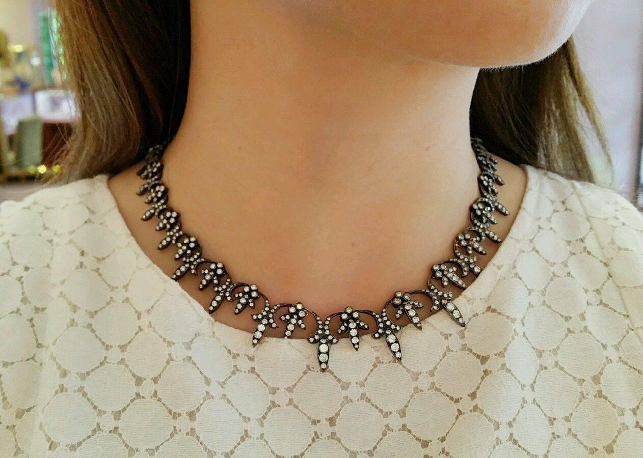 Gorgeous diamond choker necklace in black rhodium 18k gold featuring 
600 round brilliant diamonds, weighing approx 15.00 cts total, I-J in color and SI1 in clarity. Necklace is 16.5 inches long. Tongue clasp with single safety latch.
Necklace has