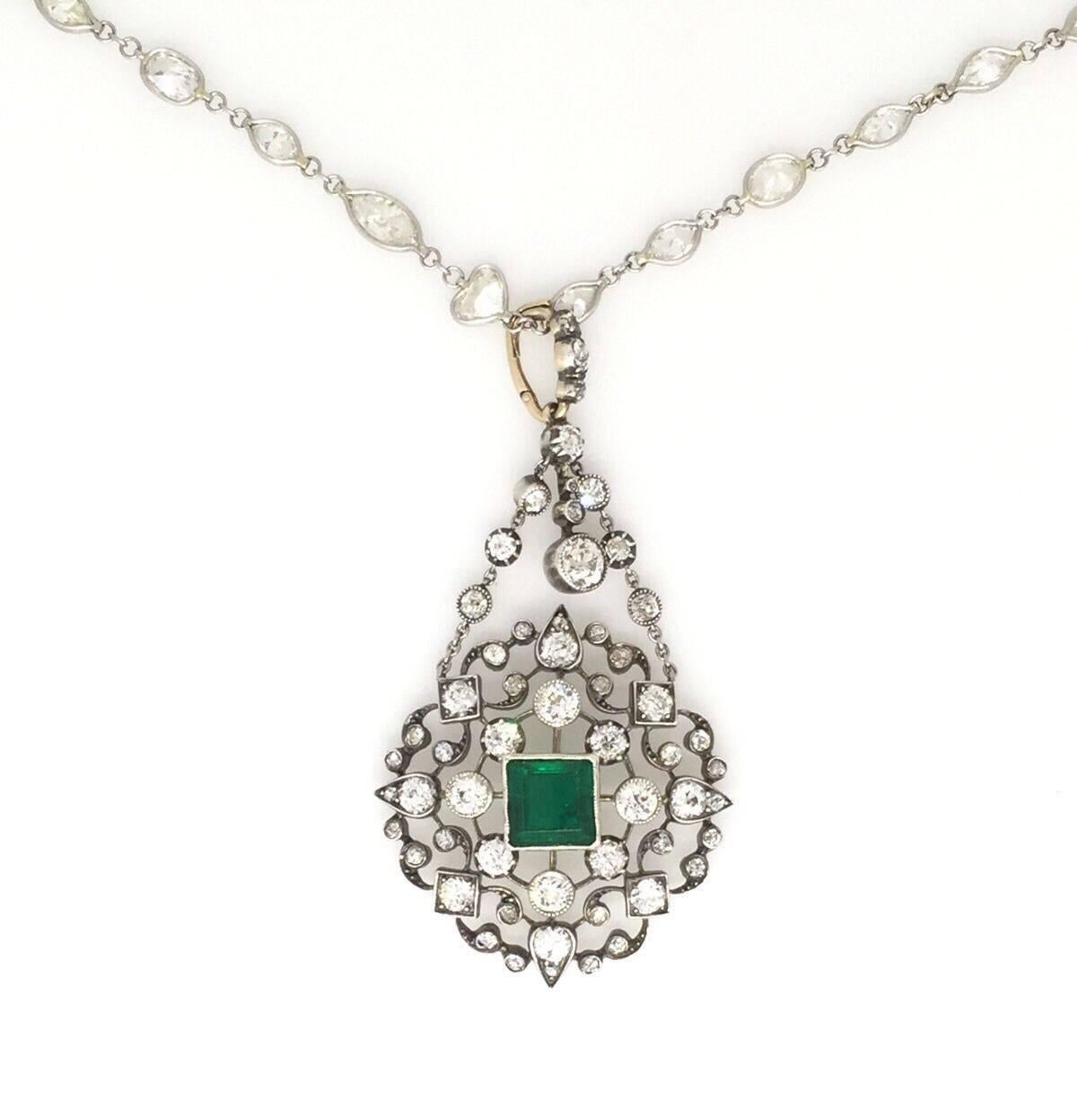 Women's Antique Georgian Emerald & Diamond Pendant in 14k Gold Silver Top - HM1435 For Sale