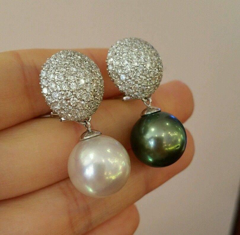 Women's Diamond Pave Earrings with Black & White Tahitian Pearl in 18k and Platinum For Sale