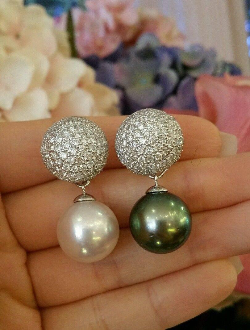 Diamond Pave Earrings with Black & White Tahitian Pearl in 18k and Platinum In New Condition For Sale In La Jolla, CA