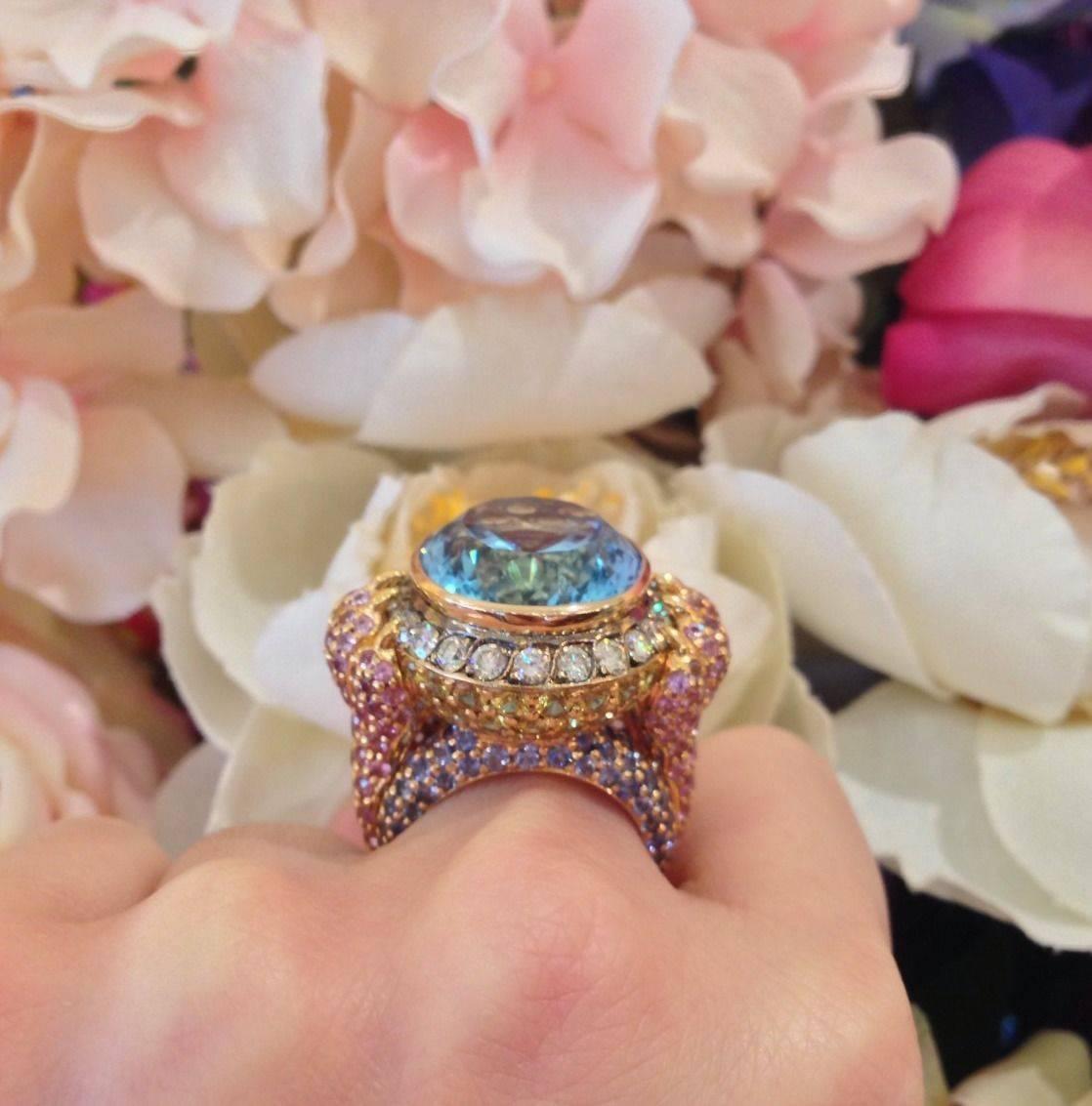 32 Carat Blue Topaz, Sapphire & Diamond Ring by ZORAB in 18k Rose Gold  2