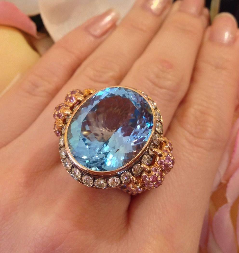 32 Carat Blue Topaz, Sapphire & Diamond Ring by ZORAB in 18k Rose Gold  3