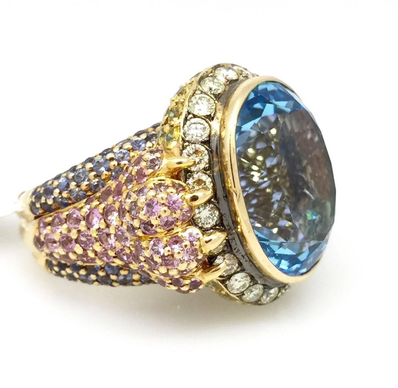 32 Carat Blue Topaz, Sapphire & Diamond Ring by ZORAB in 18k Rose Gold  In Excellent Condition In La Jolla, CA