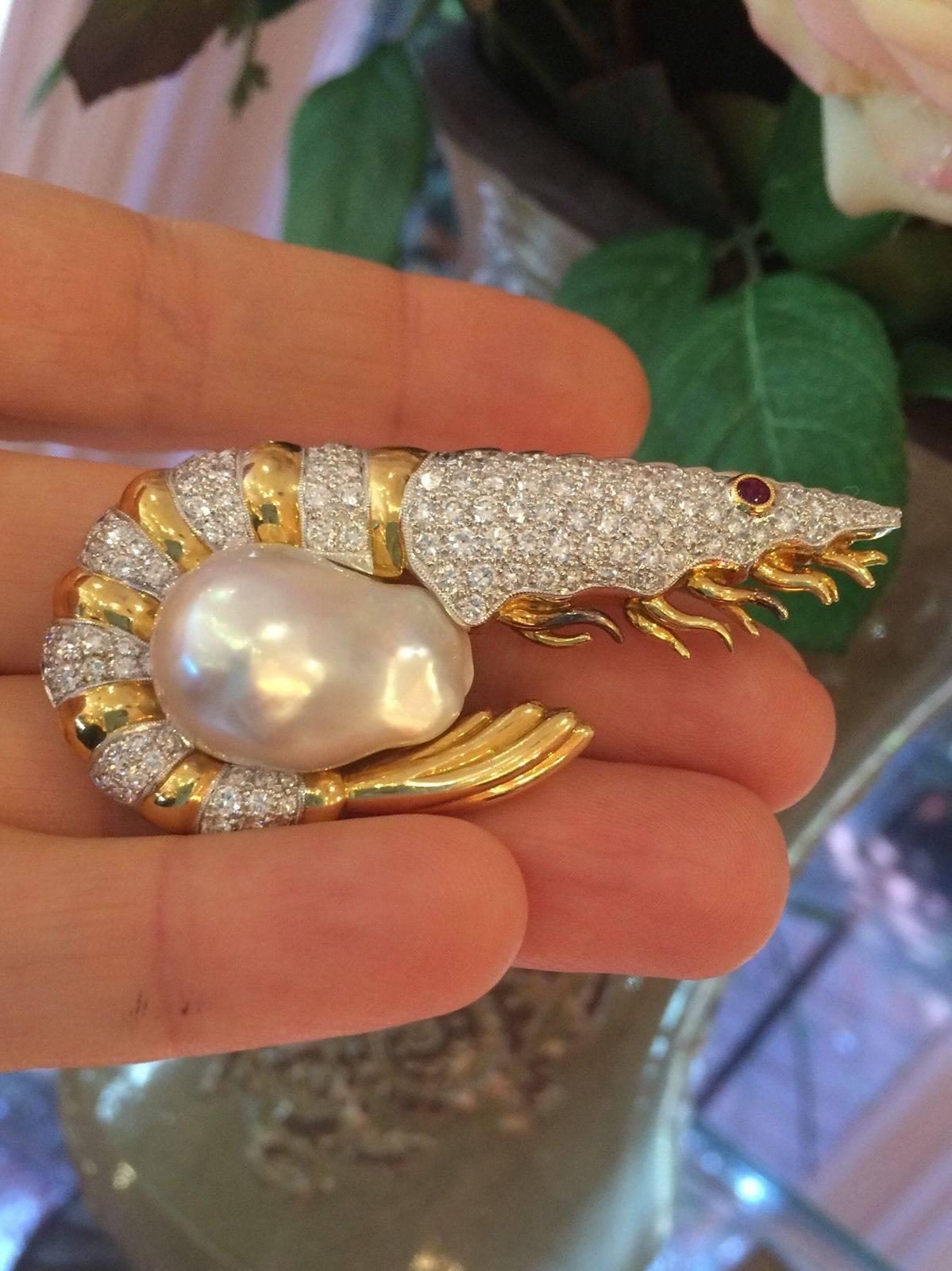 Women's or Men's Diamond  Baroque Pearl Shrimp Brooch For Sale