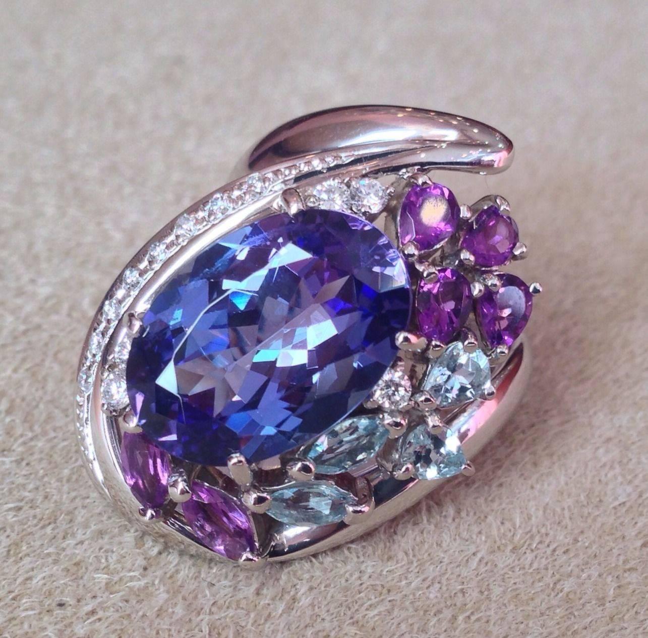 Women's or Men's 7.39 carat Tanzanite Aquamarine Amethyst Diamond Platinum Ring For Sale