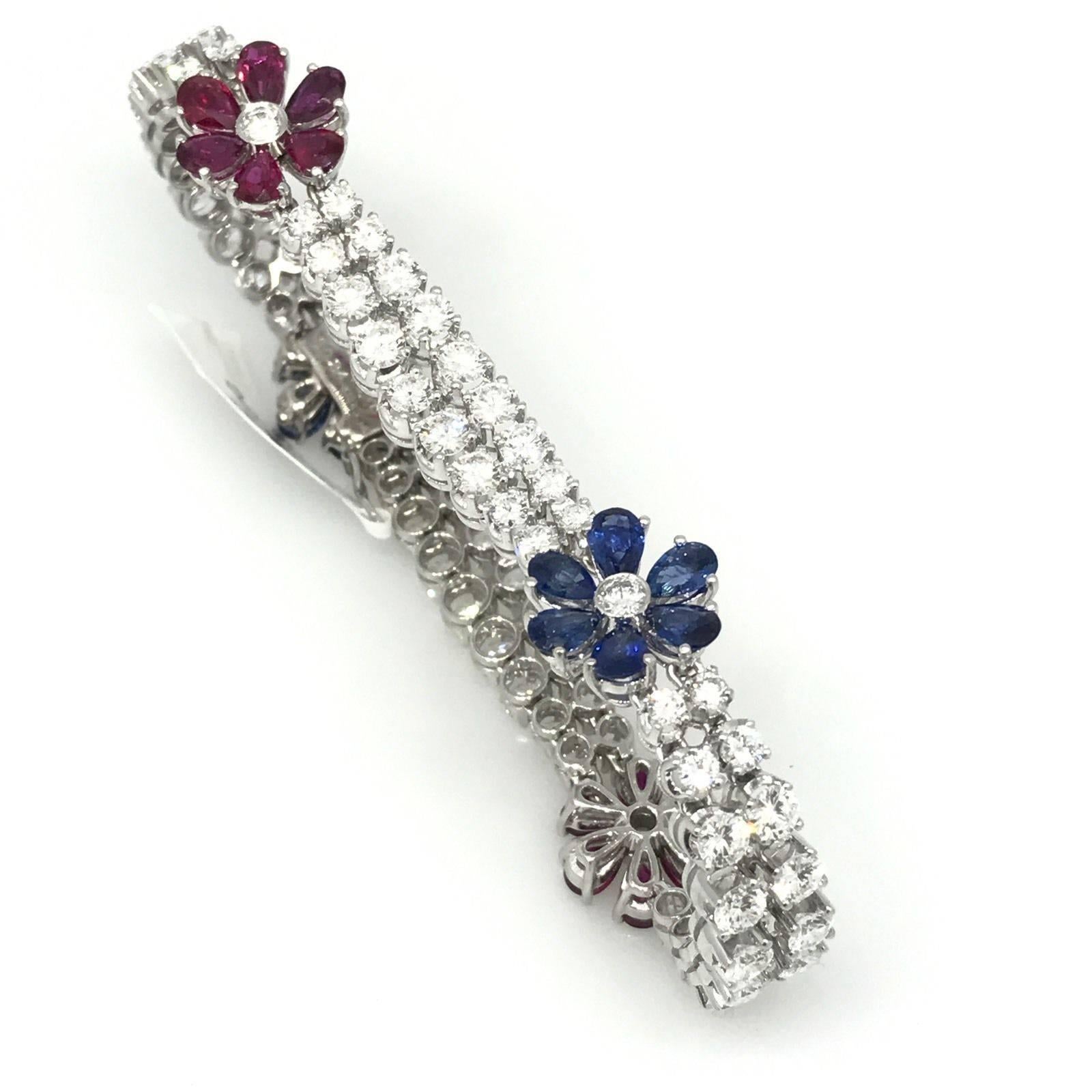 Two Row Diamond Bracelet Ruby and Sapphire Florets in 18 Karat White Gold In Excellent Condition For Sale In La Jolla, CA