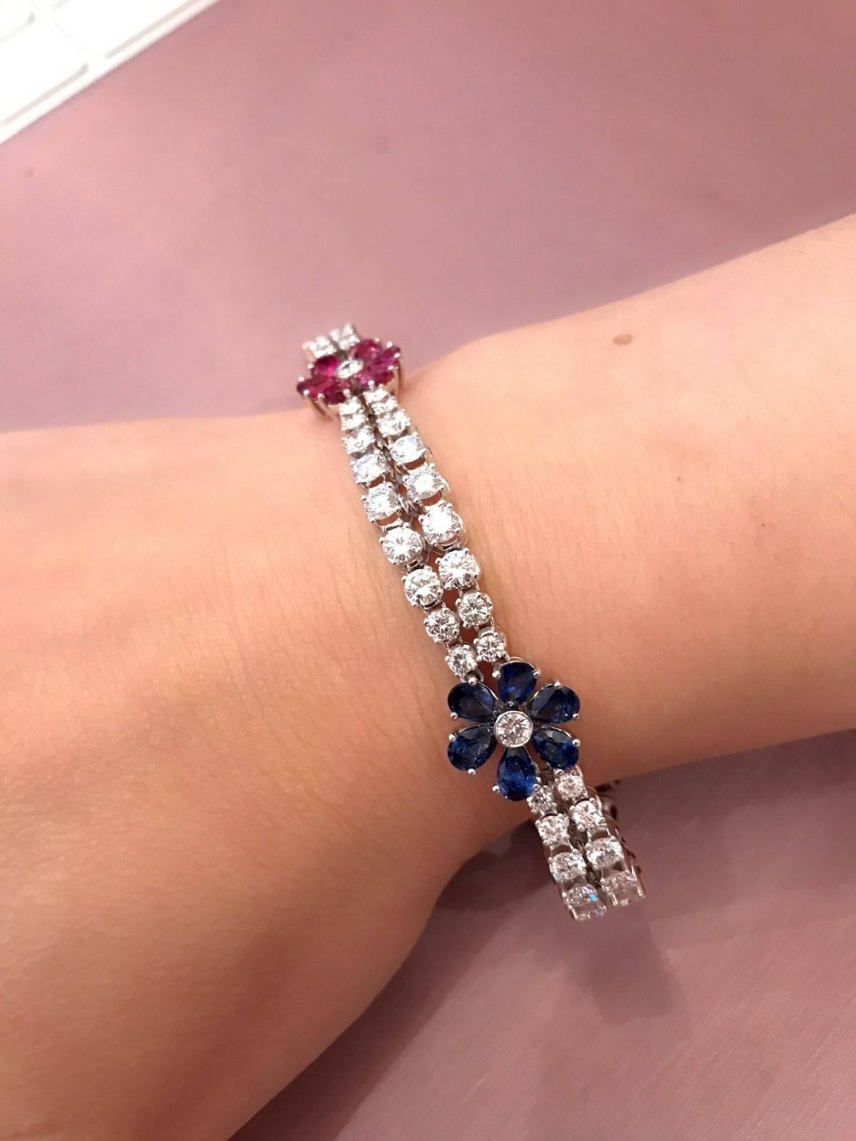 Two Row Diamond Bracelet Ruby and Sapphire Florets in 18 Karat White Gold For Sale 1