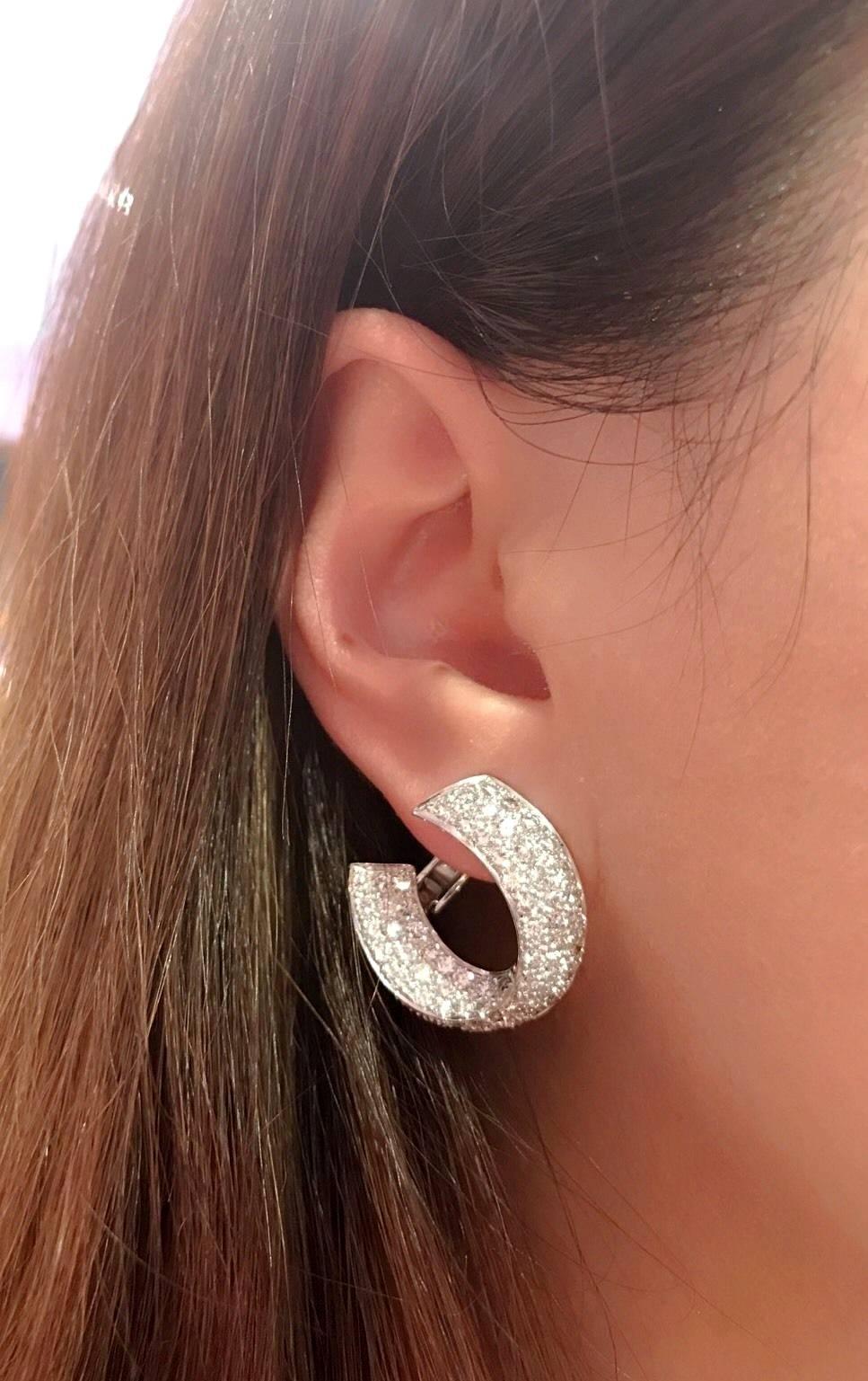 Women's Crescent Shaped Pave Diamond Earrings 5.50 Carat in 18 Karat White Gold For Sale
