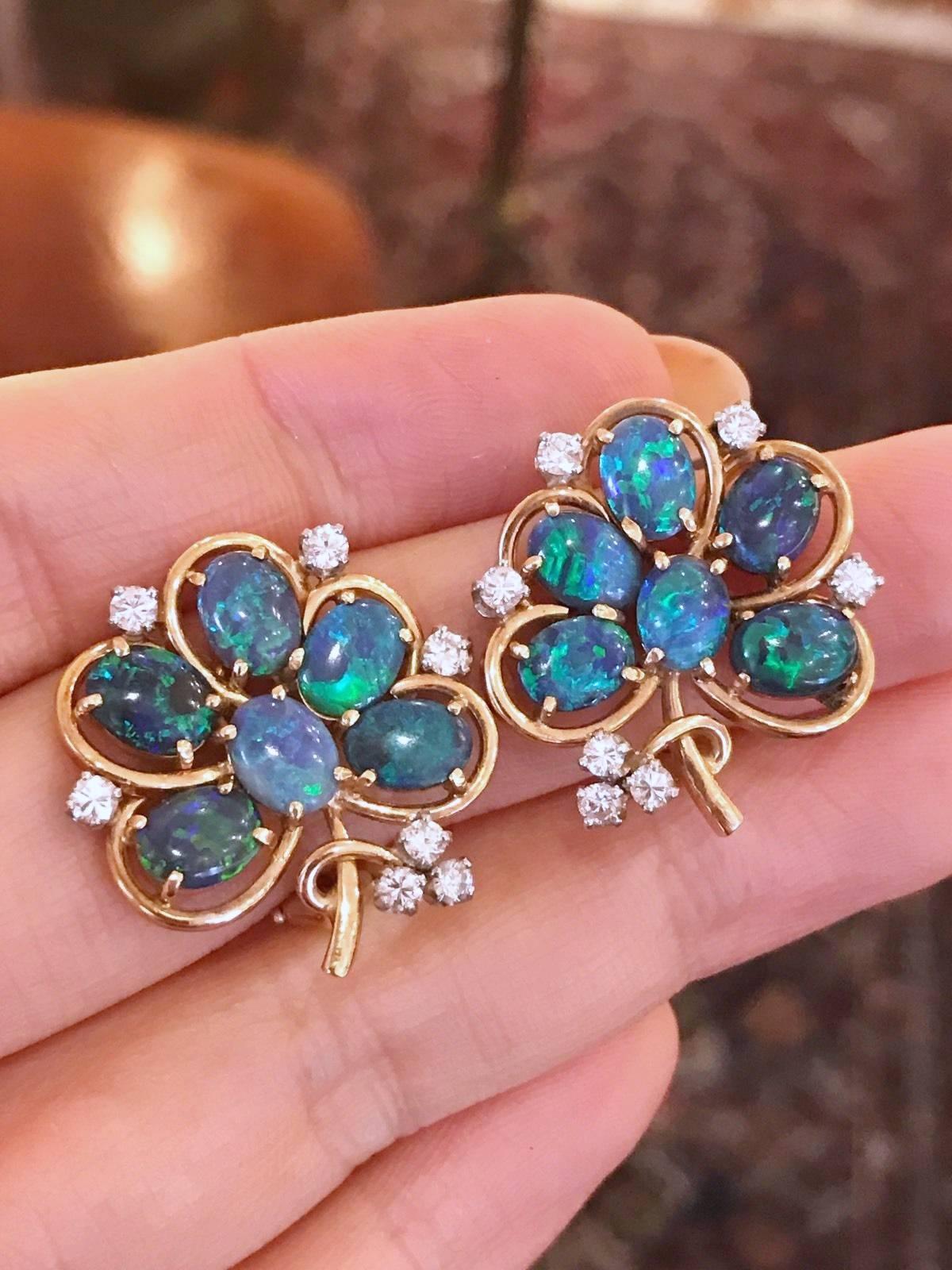 Vintage Black Opal Flower Earrings with Diamonds in 14 Karat Yellow Gold 1