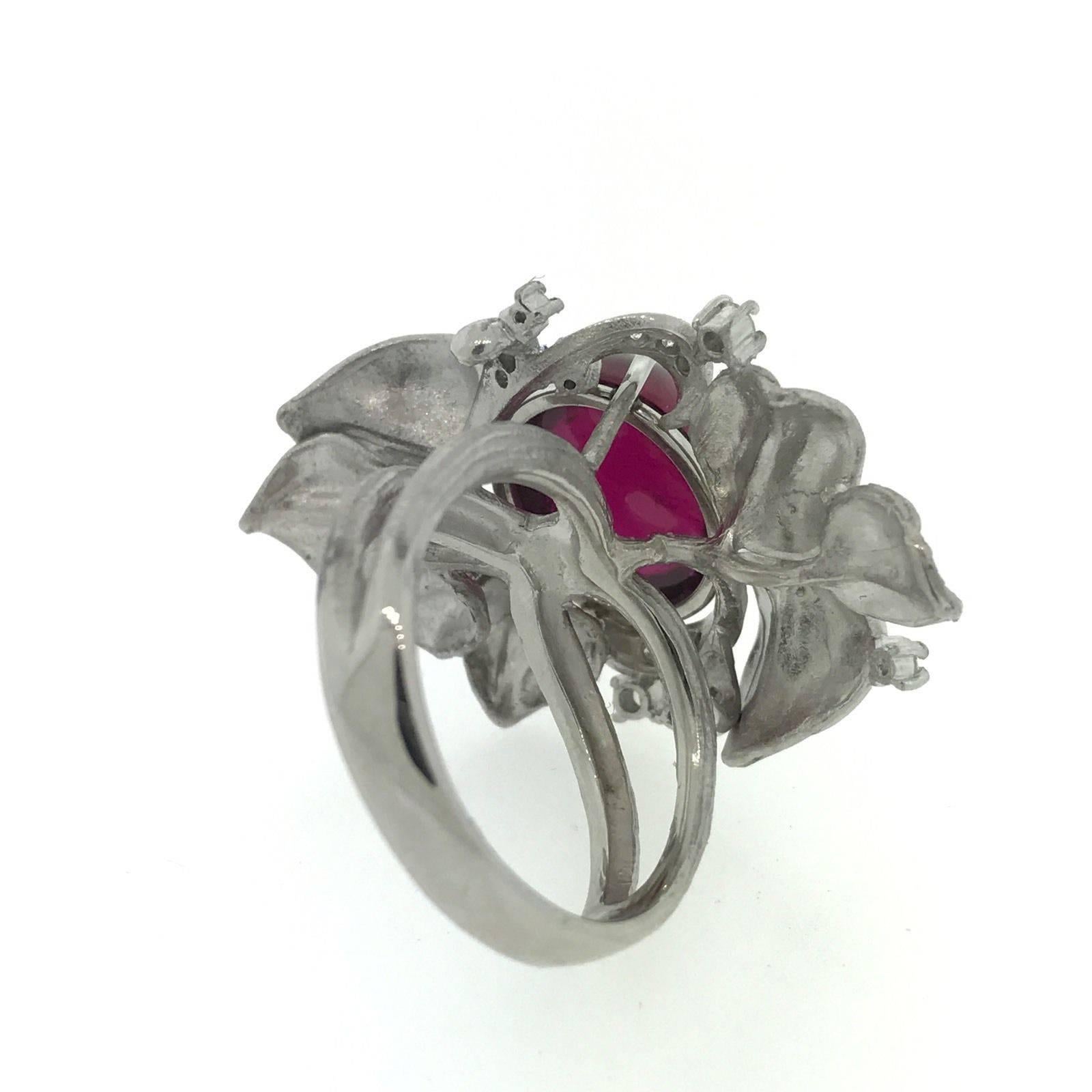 Cabochon Pink Tourmaline and Diamond Floral Ring in Platinum For Sale 1