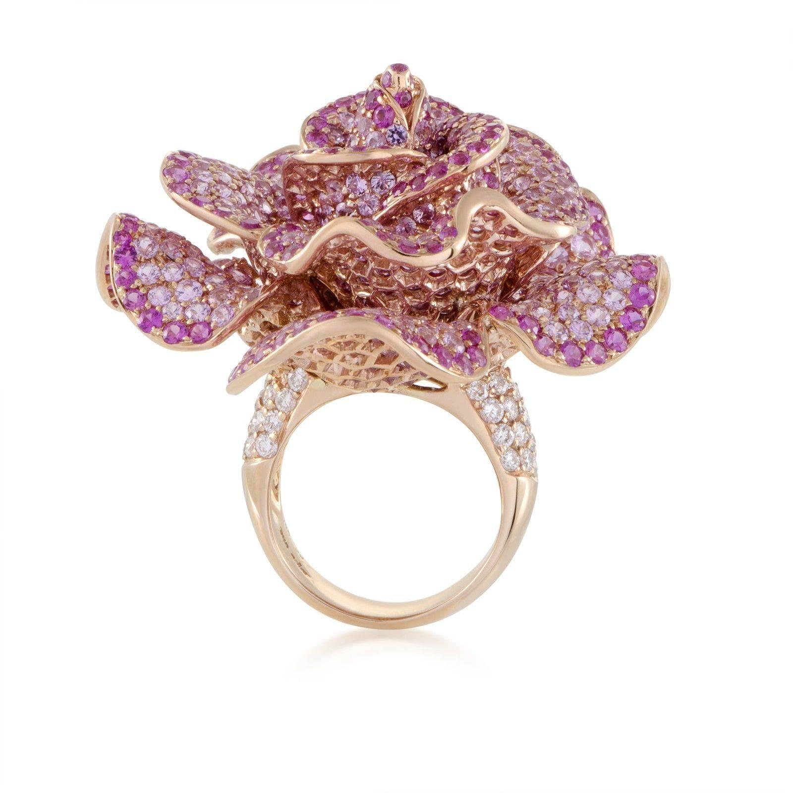 Adler Pink Sapphire Diamond Rose Gold Flower Cocktail Ring In Excellent Condition In La Jolla, CA