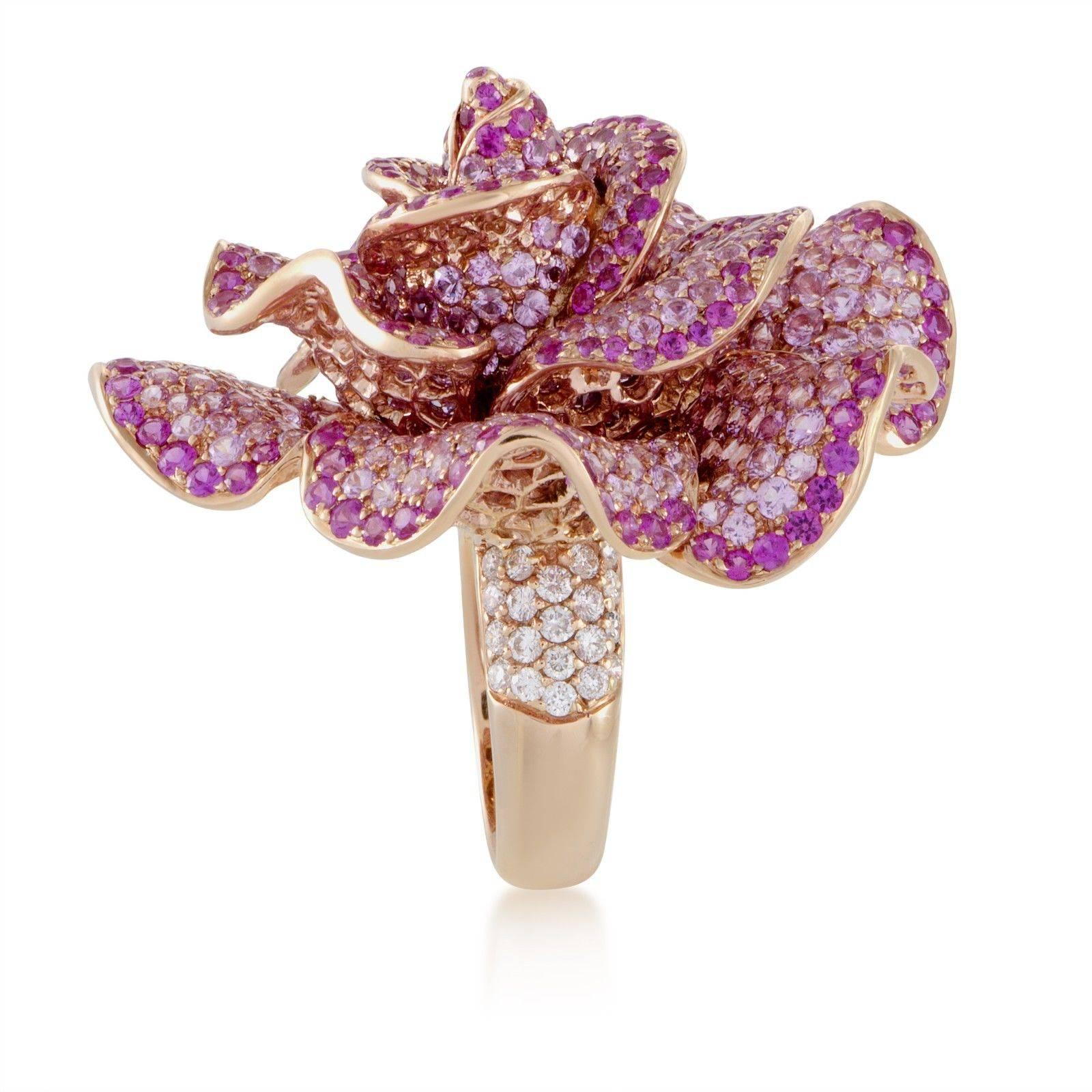 Adler Pink Sapphire Diamond Rose Gold Flower Cocktail Ring 2