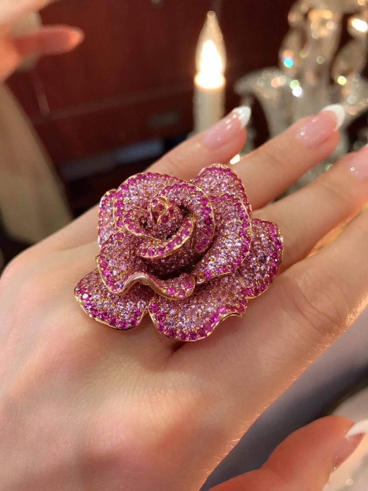 Women's or Men's Adler Pink Sapphire Diamond Rose Gold Flower Cocktail Ring