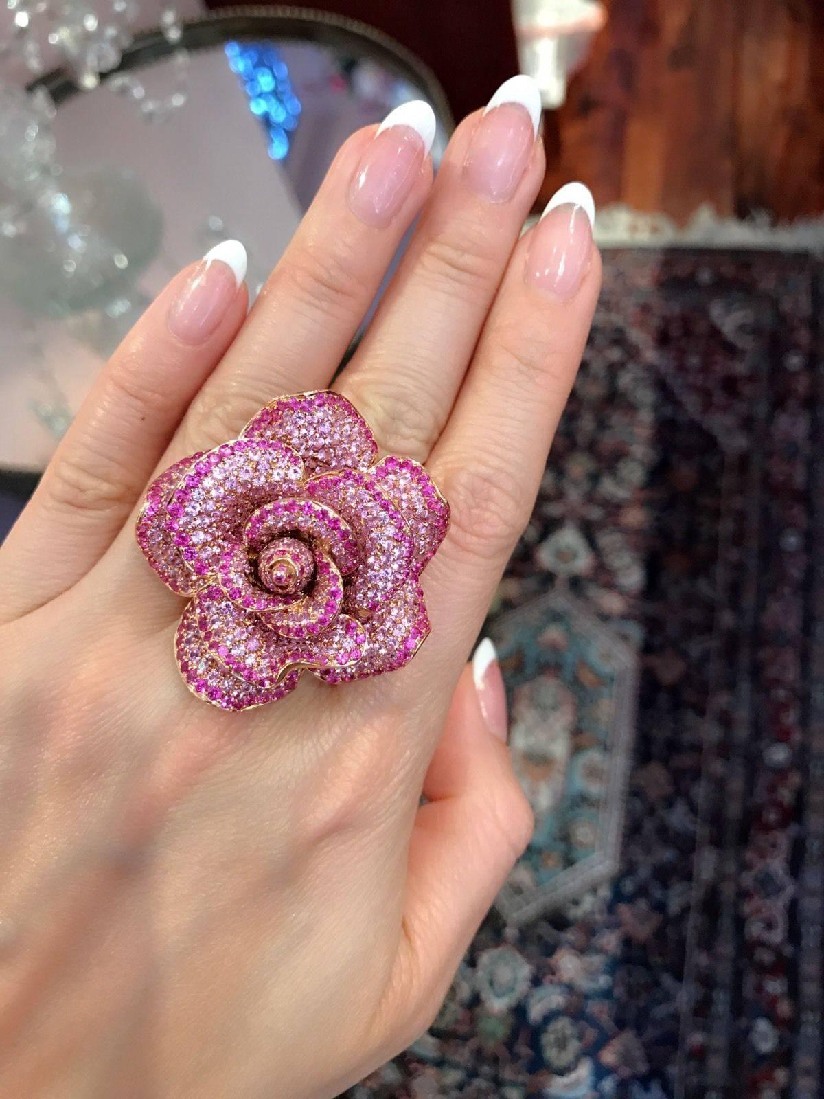 Adler Pink Sapphire Diamond Rose Gold Flower Cocktail Ring 1