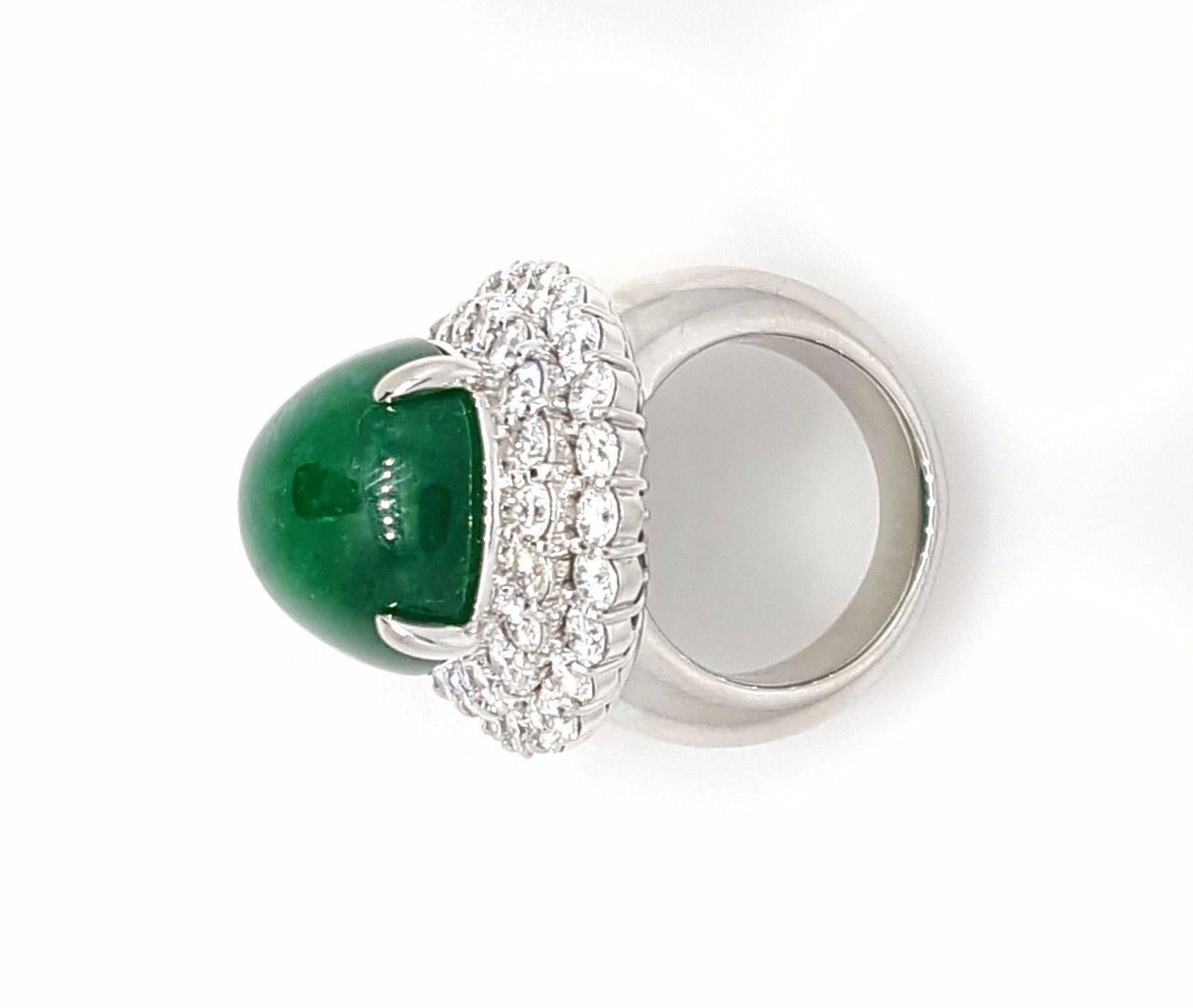 24 Carat Emerald Cabochon Ring with 4.50 Carat of Diamonds in Platinum In Excellent Condition For Sale In La Jolla, CA