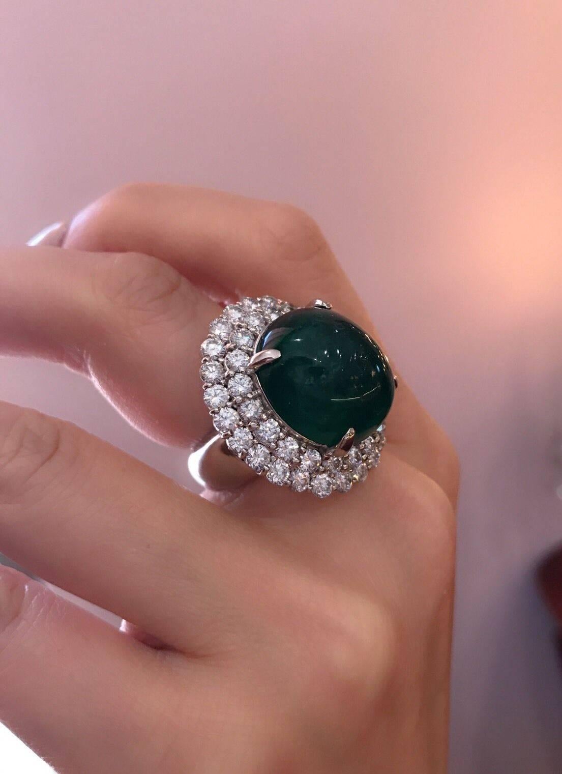 Women's 24 Carat Emerald Cabochon Ring with 4.50 Carat of Diamonds in Platinum For Sale
