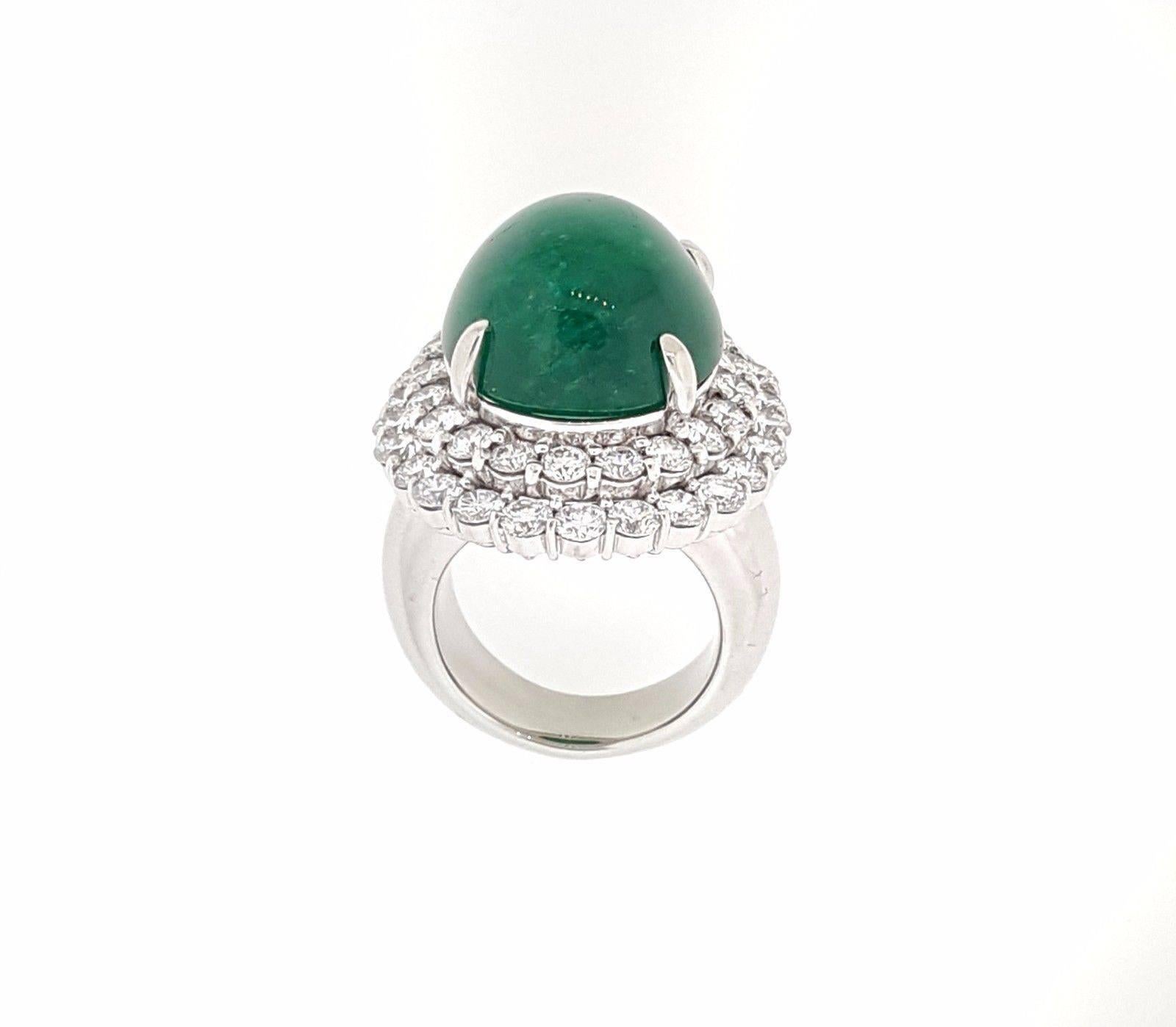 24 Carat Emerald Cabochon Ring with 4.50 Carat of Diamonds in Platinum For Sale 2