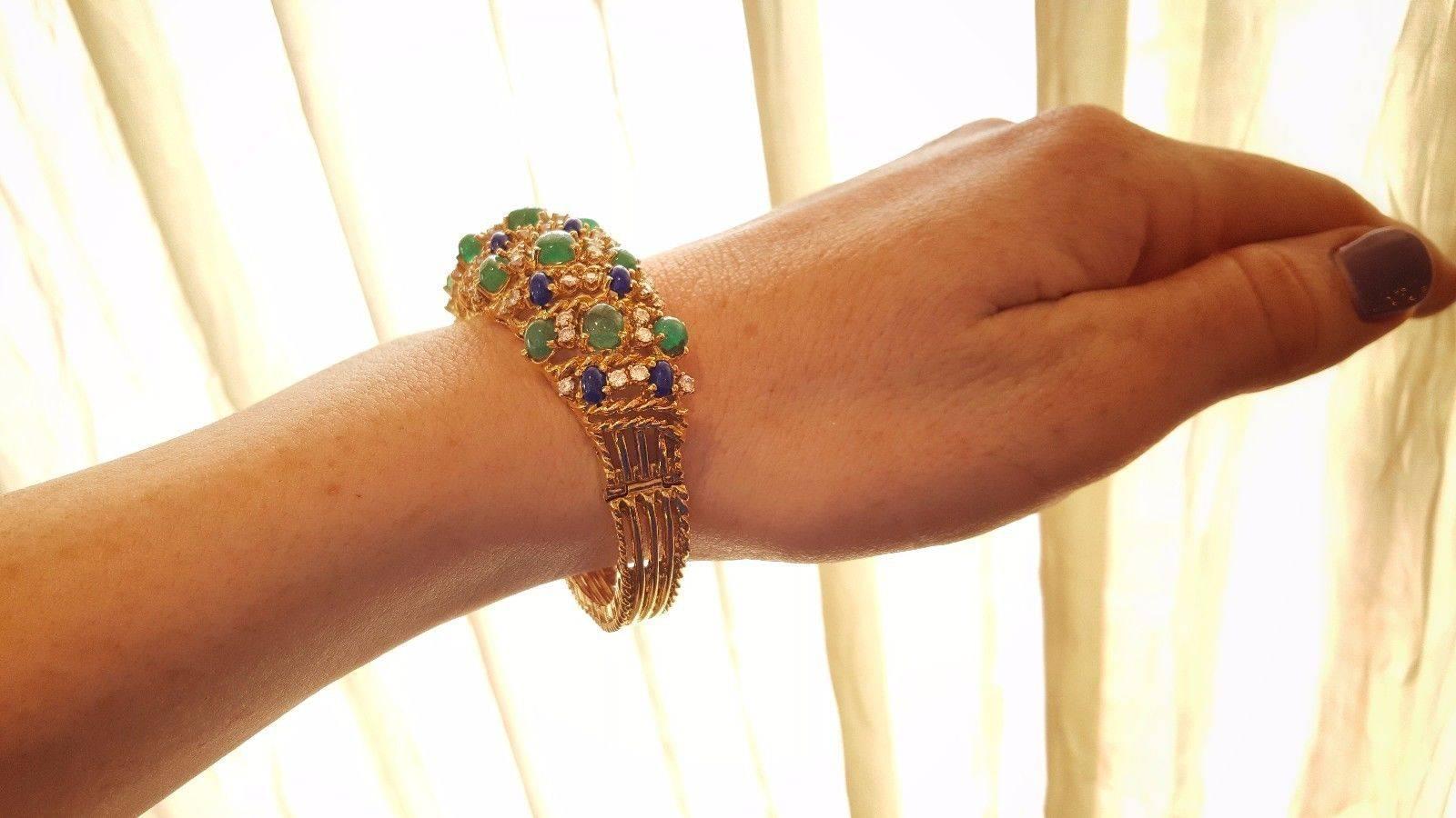 Emerald Lapis Diamond Yellow Gold Wide Bangle Bracelet In Excellent Condition For Sale In La Jolla, CA