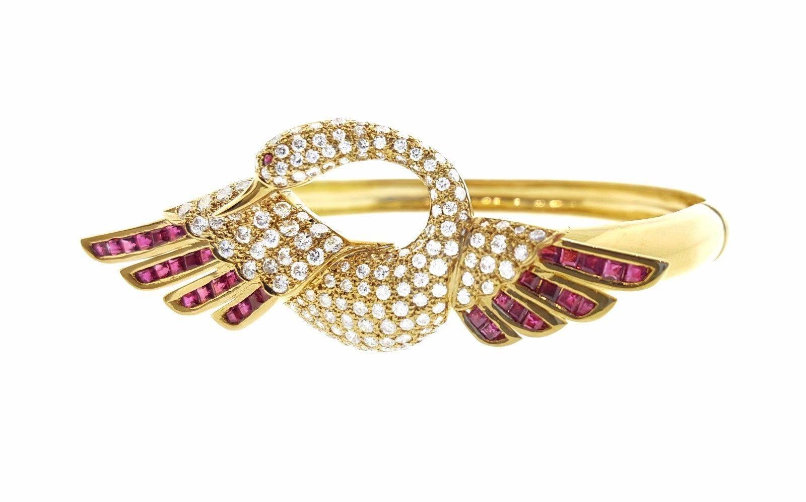 Ruby Diamond yellow gold Swan Bird Bangle Bracelet 5