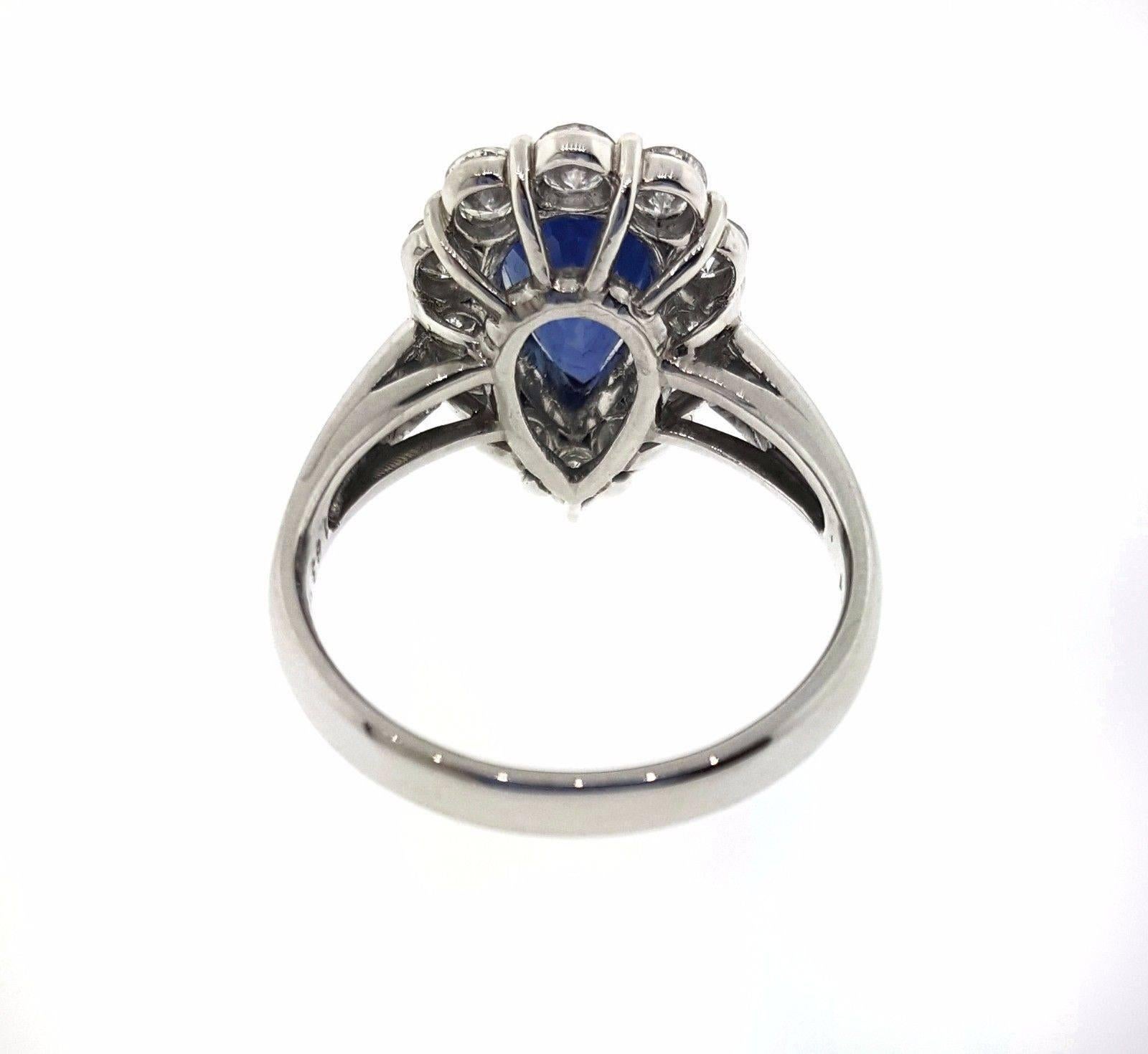 Cornflower Blue Pear Shaped Sapphire Diamond Platinum Ring In Excellent Condition For Sale In La Jolla, CA