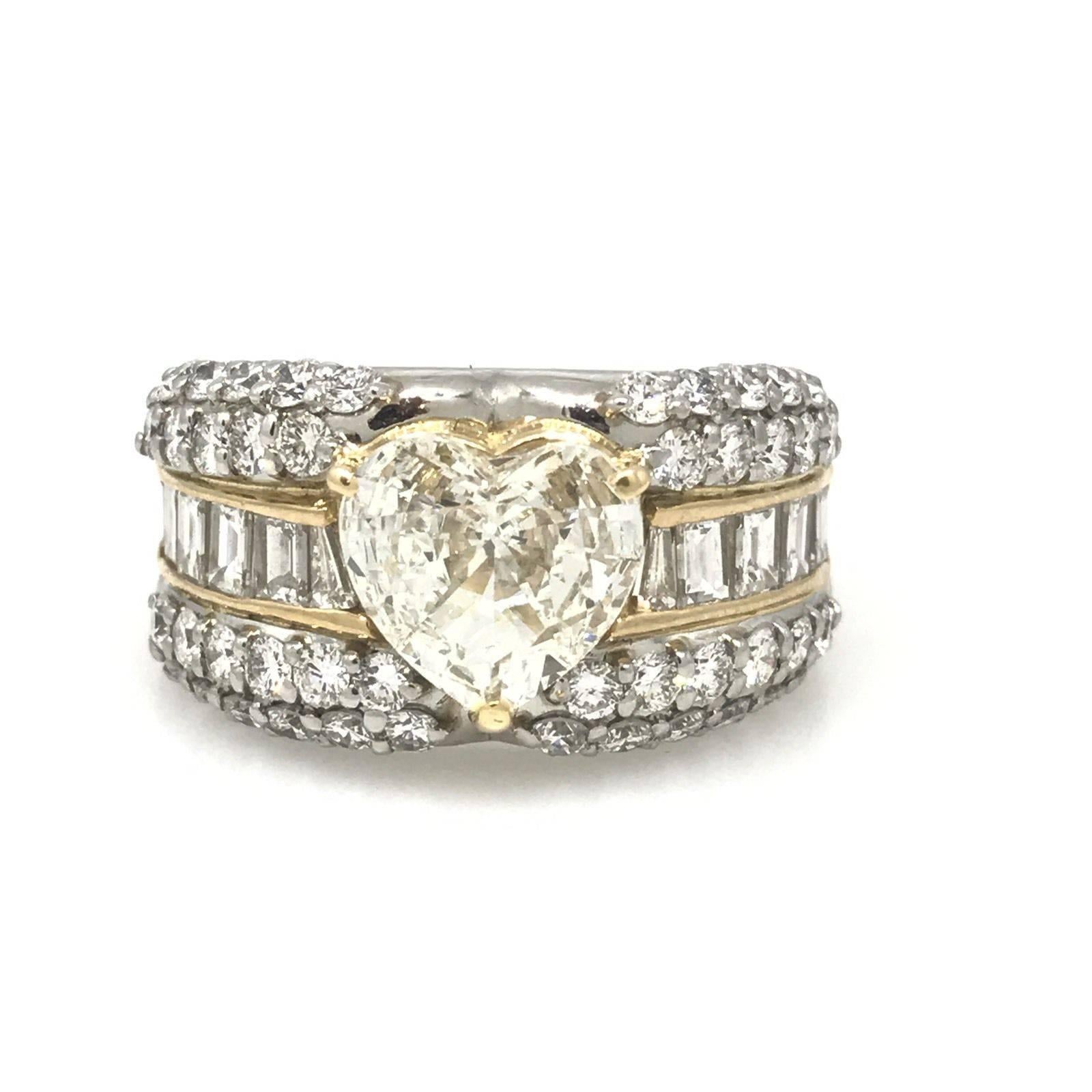 3.62 Carat Heart-Shape Diamond Platinum Ring with Rounds and Baguettes For Sale 1