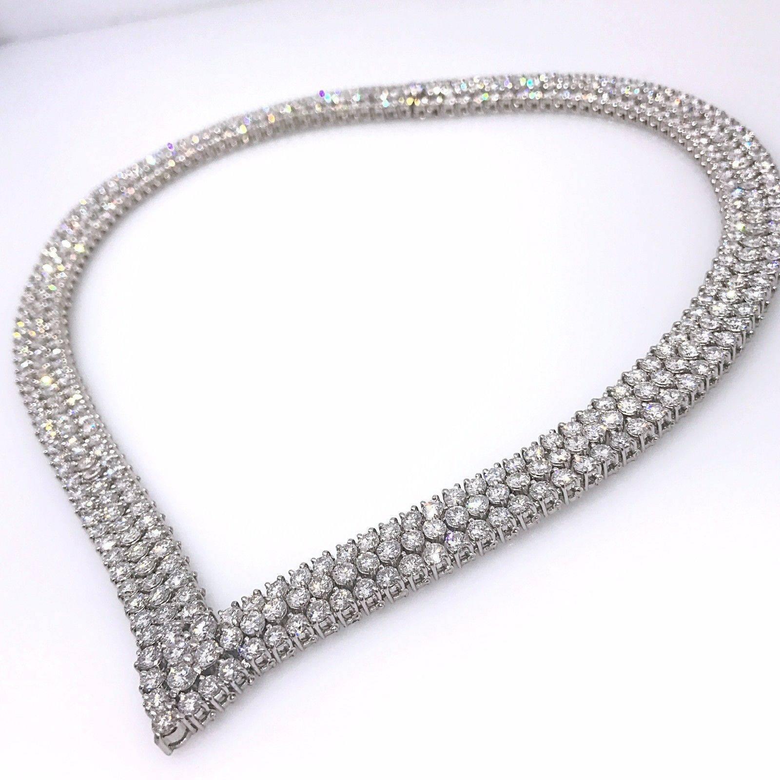 Women's 41.25 Carat Fine Diamond Platinum Three Row V-Shape Choker Necklace For Sale