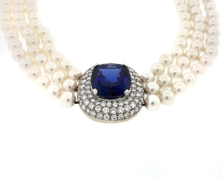 Women's Mikimoto Tanzanite, Diamond and Pearl Choker Necklace in 18 Karat White Gold For Sale
