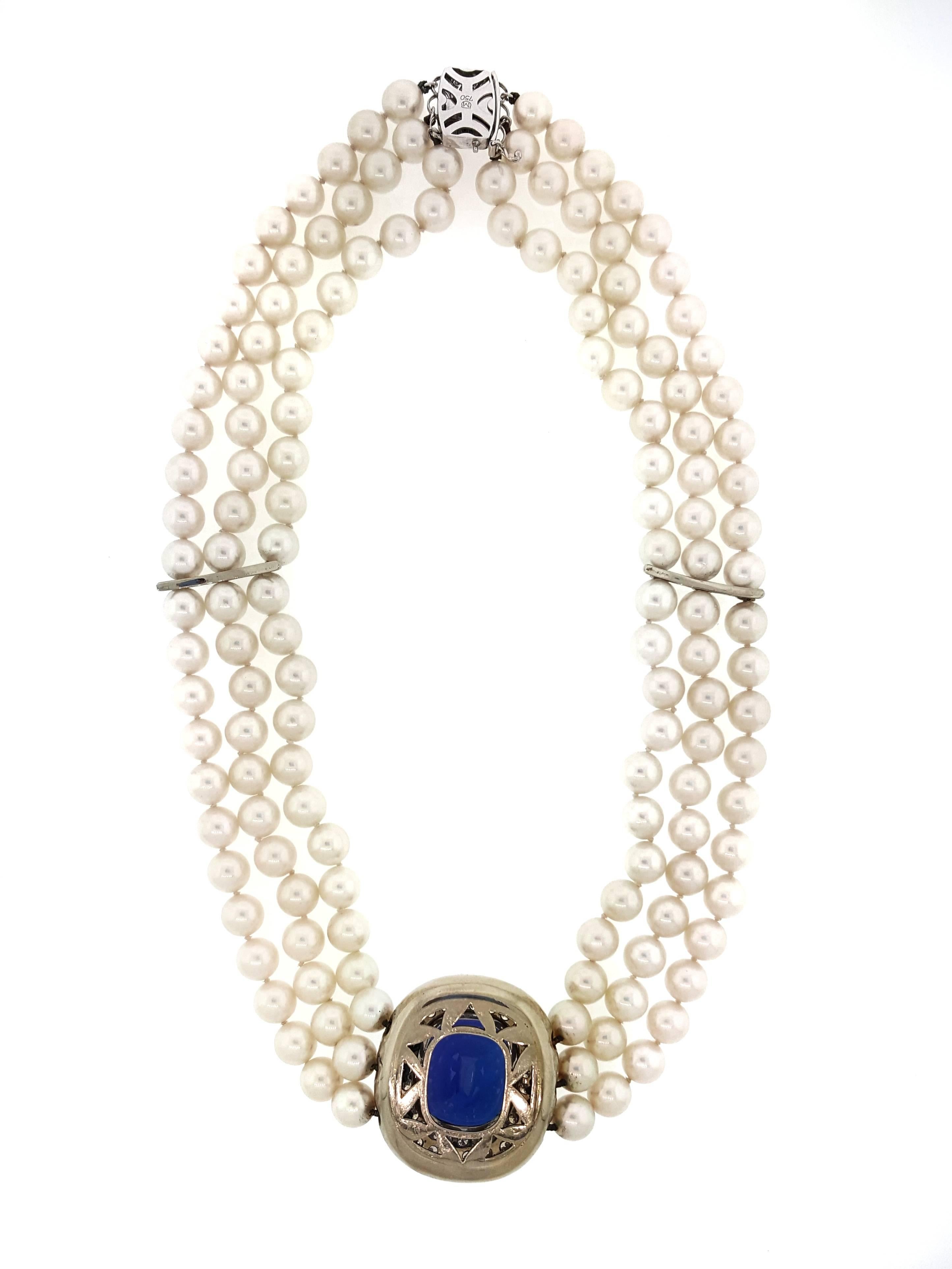 Mikimoto Tanzanite, Diamond and Pearl Choker Necklace in 18 Karat White Gold For Sale 2