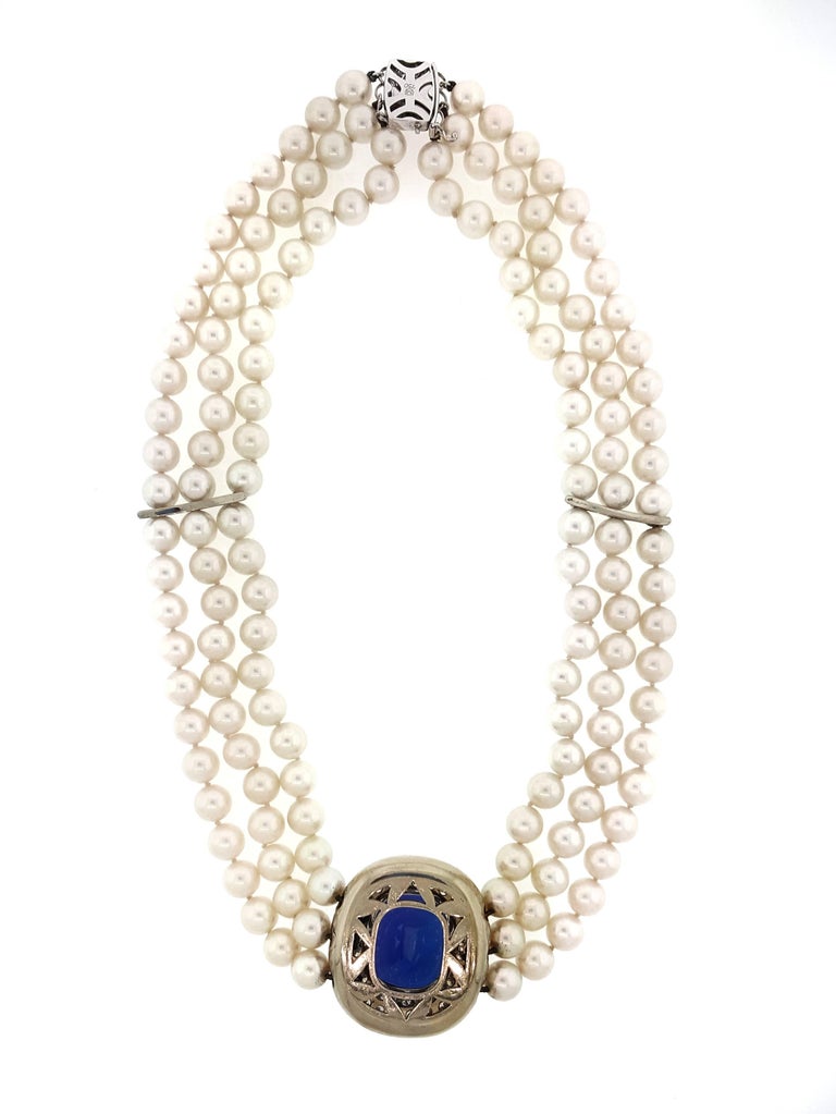 Mikimoto Tanzanite, Diamond and Pearl Choker Necklace in 18 Karat White Gold For Sale 5