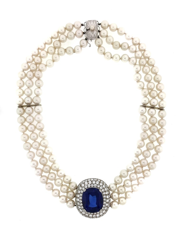 Mikimoto Tanzanite, Diamond and Pearl Choker Necklace in 18 Karat White Gold For Sale 6