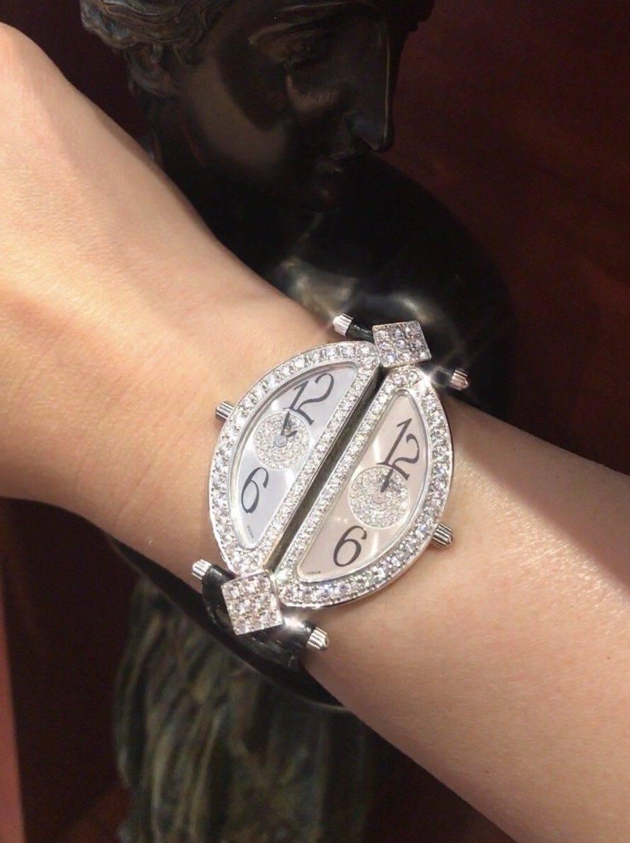 Women's or Men's Royal White Gold Diamond Double Dual Time Zone Wristwatch  For Sale