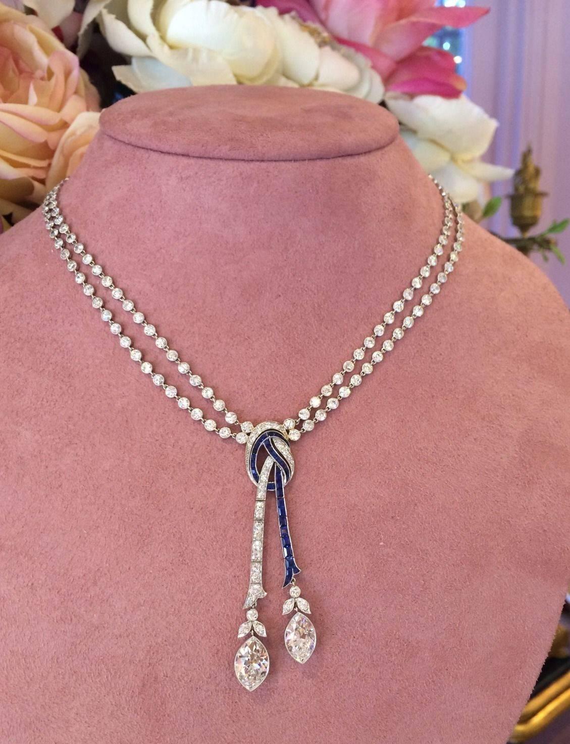 Art Deco Sapphire Diamond Negligee Necklace with Large Old Oval Cut Diamonds In Excellent Condition In La Jolla, CA