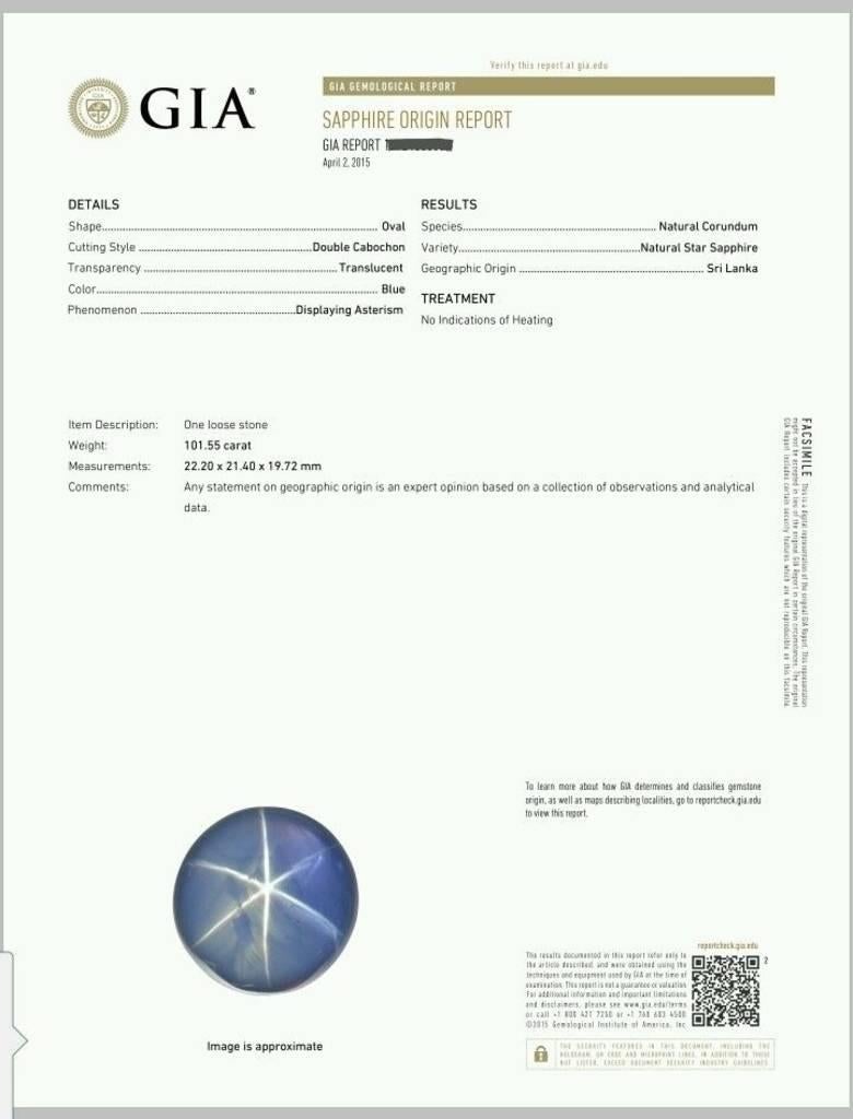 101.55 Carat GIA Certified Unheated Ceylon Star Sapphire Diamond Platinum Ring 2