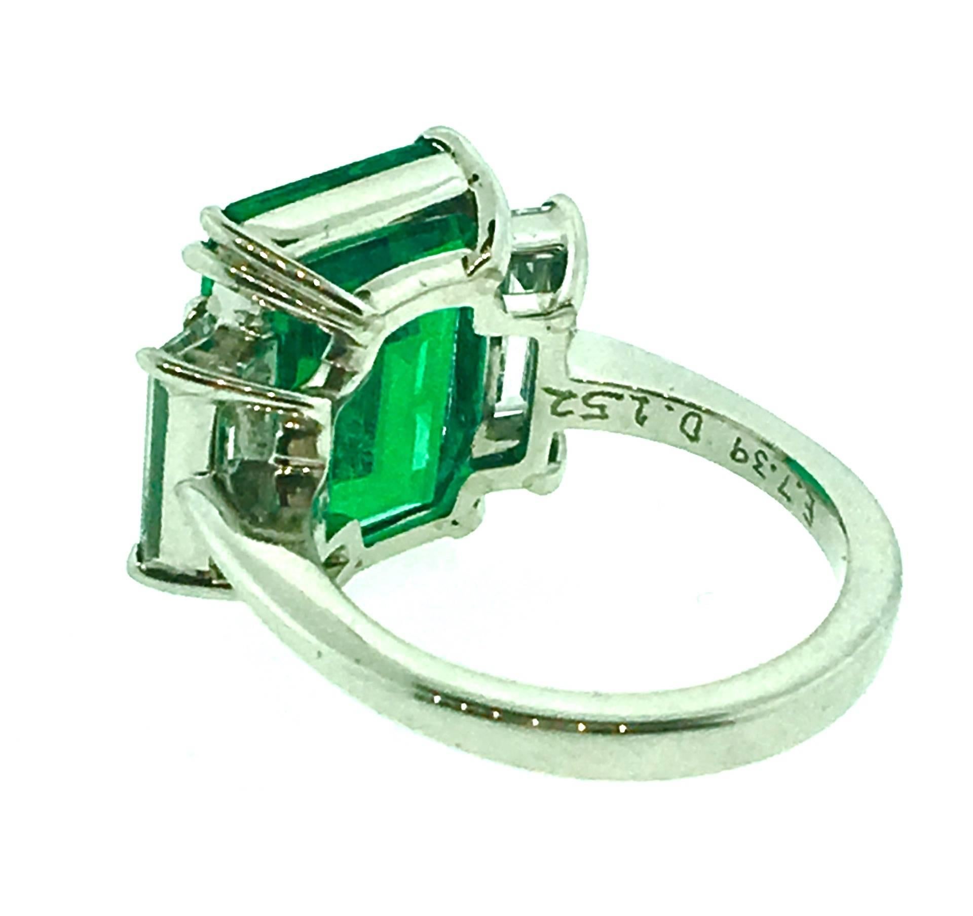 7.39 Carat GIA Cert Colombian Emerald Diamond Platinum Three Stone Ring 2