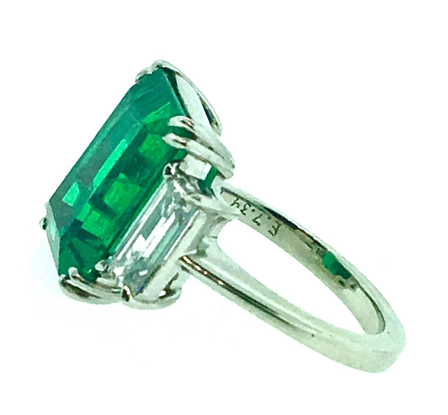 7.39 Carat GIA Cert Colombian Emerald Diamond Platinum Three Stone Ring 3