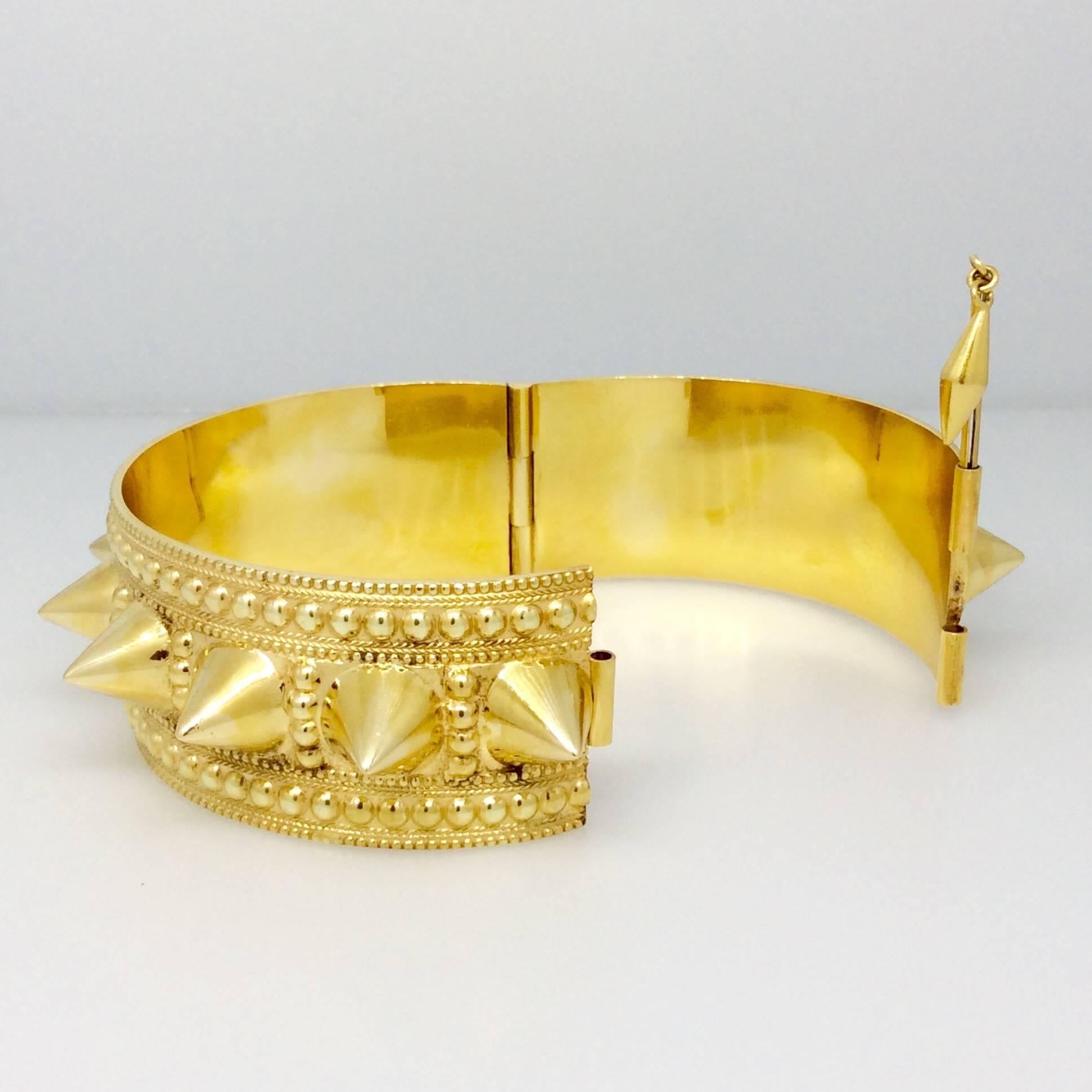 Wide Spiked Gold Cuff Bangle Bracelet In Excellent Condition For Sale In La Jolla, CA