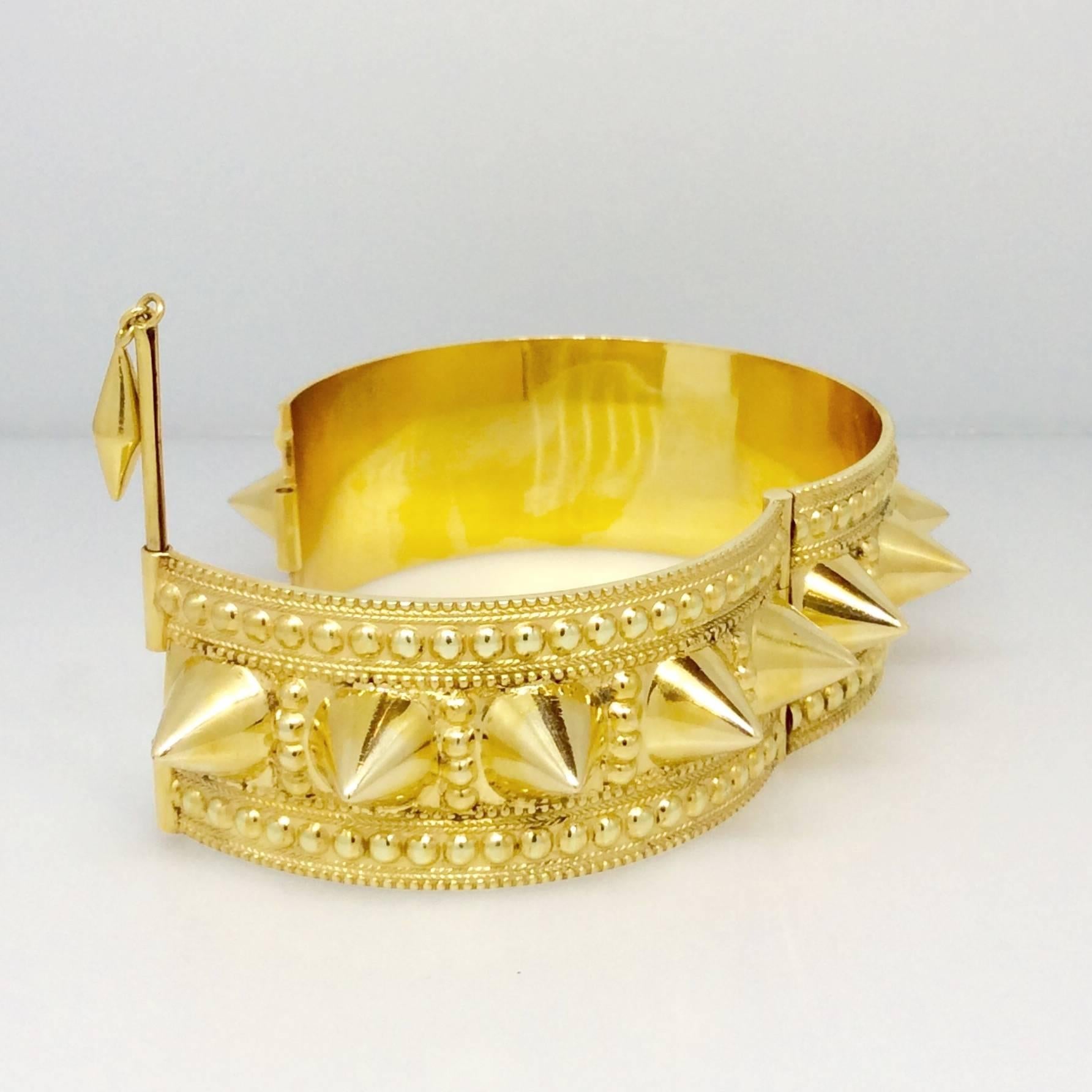 Women's or Men's Wide Spiked Gold Cuff Bangle Bracelet For Sale