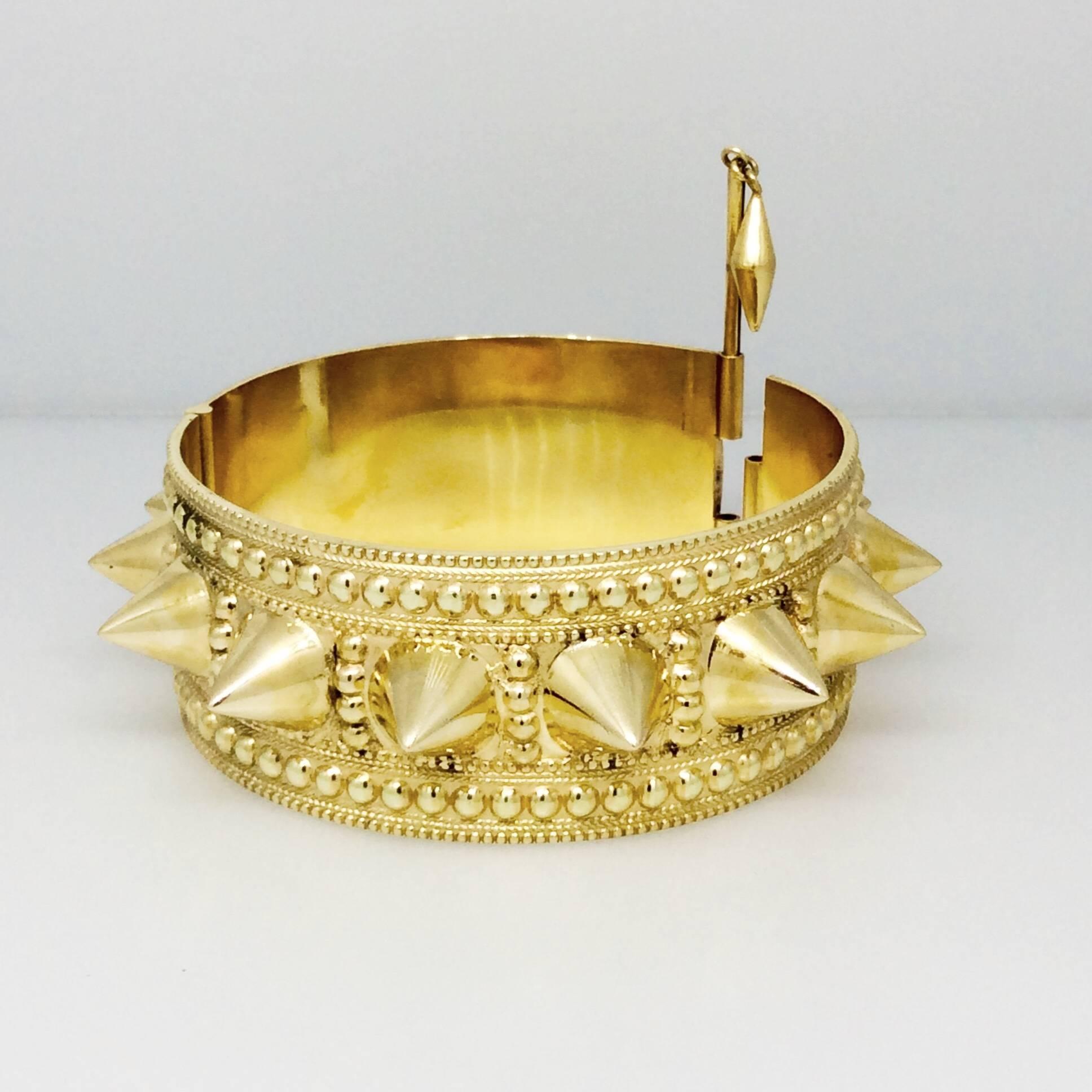 Wide Spiked Gold Cuff Bangle Bracelet For Sale 1